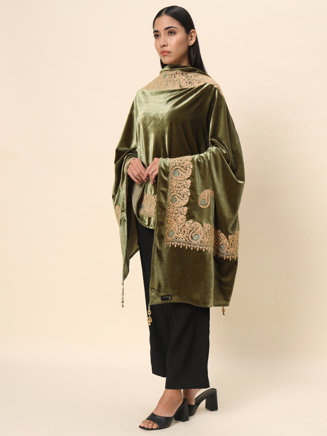 Soft Velvet Paisley Embroidered Stole For Women | Olive