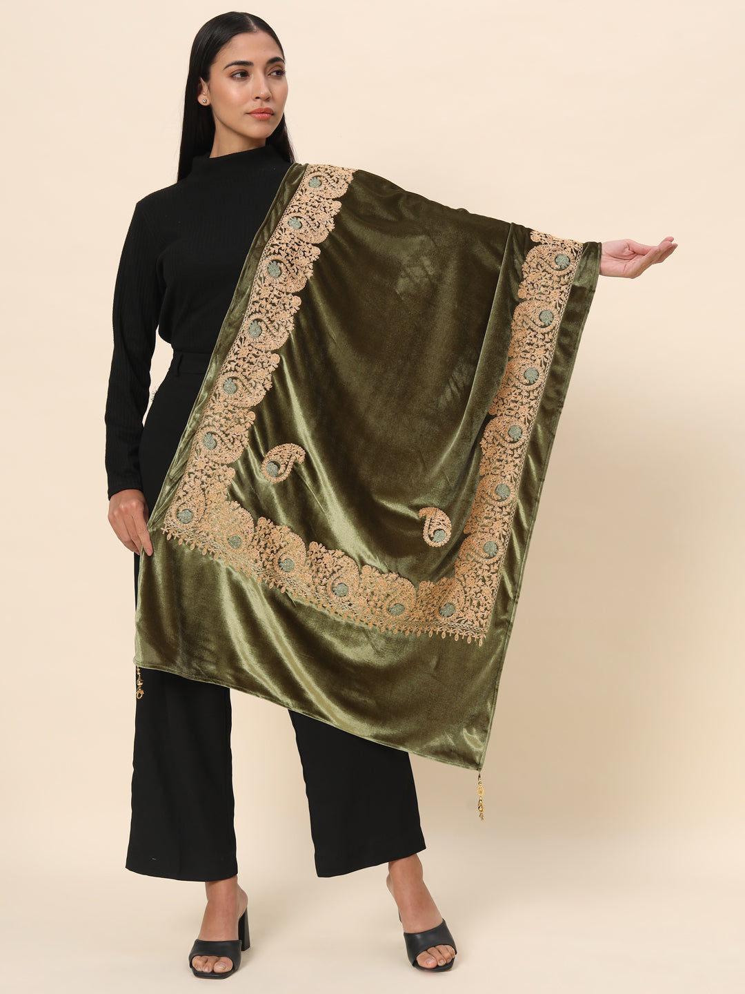 Soft Velvet Paisley Embroidered Stole For Women | Olive