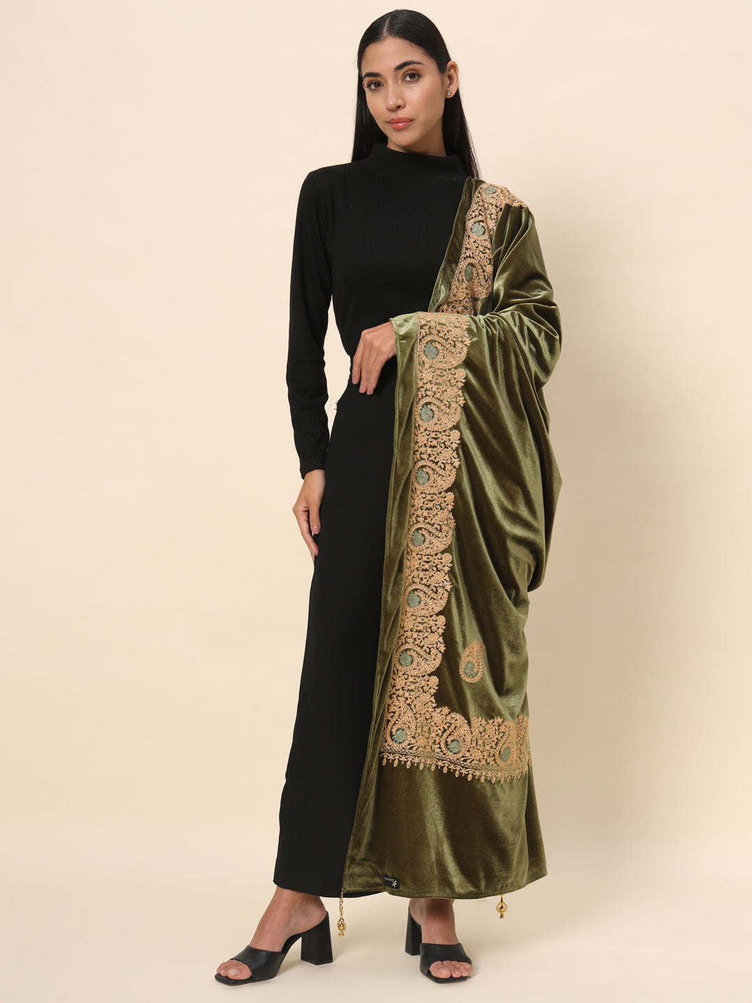 Soft Velvet Paisley Embroidered Stole For Women | Olive