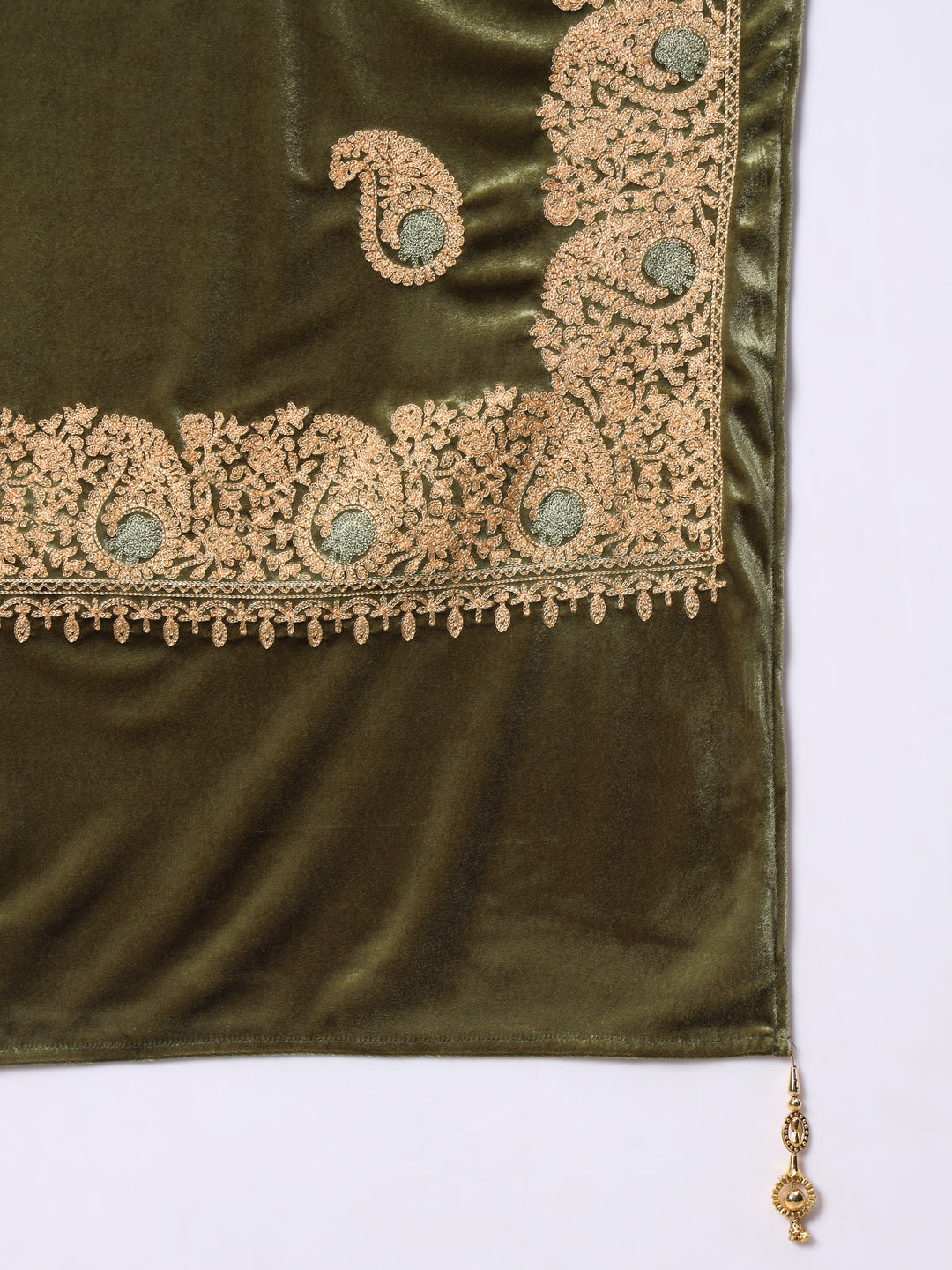 Soft Velvet Paisley Embroidered Stole For Women | Olive