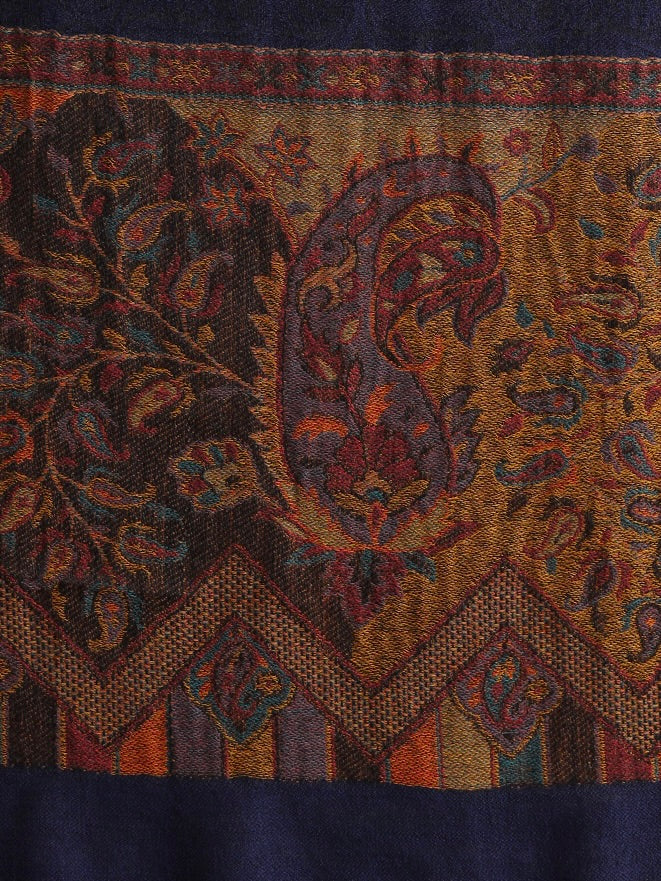 Kani Weave Paisley Border Pure Wool Stole for Men | Blue
