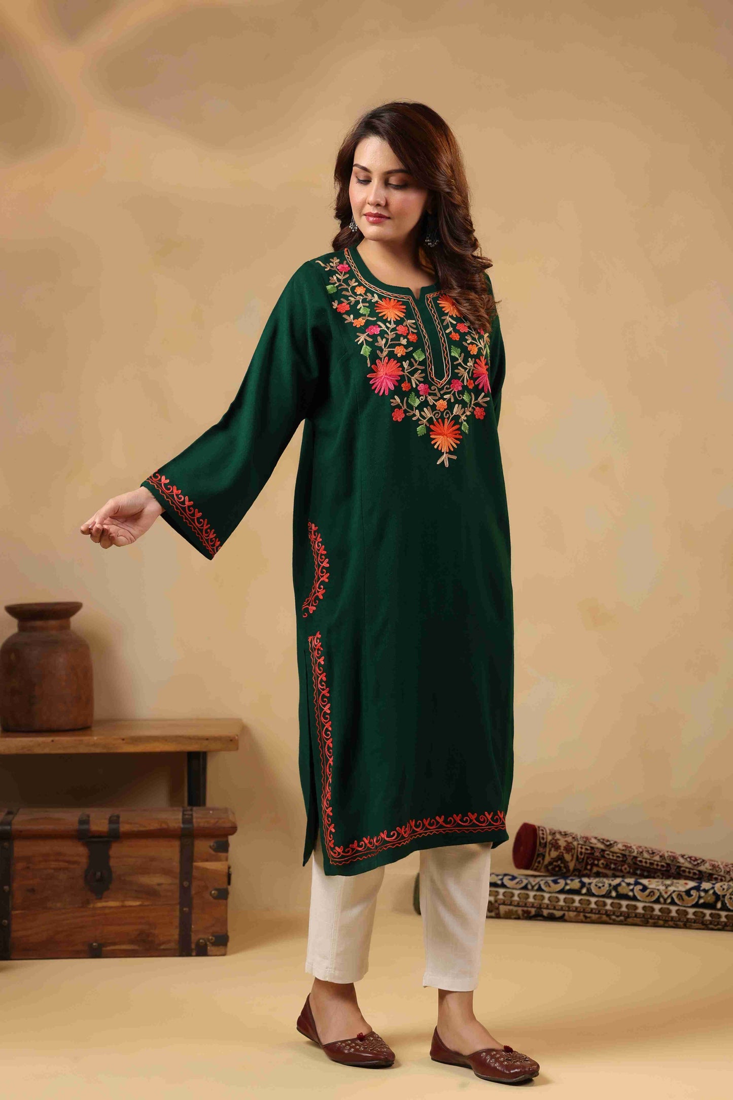 Multicolor Aari Embroidery Kashmiri Pheran | Green