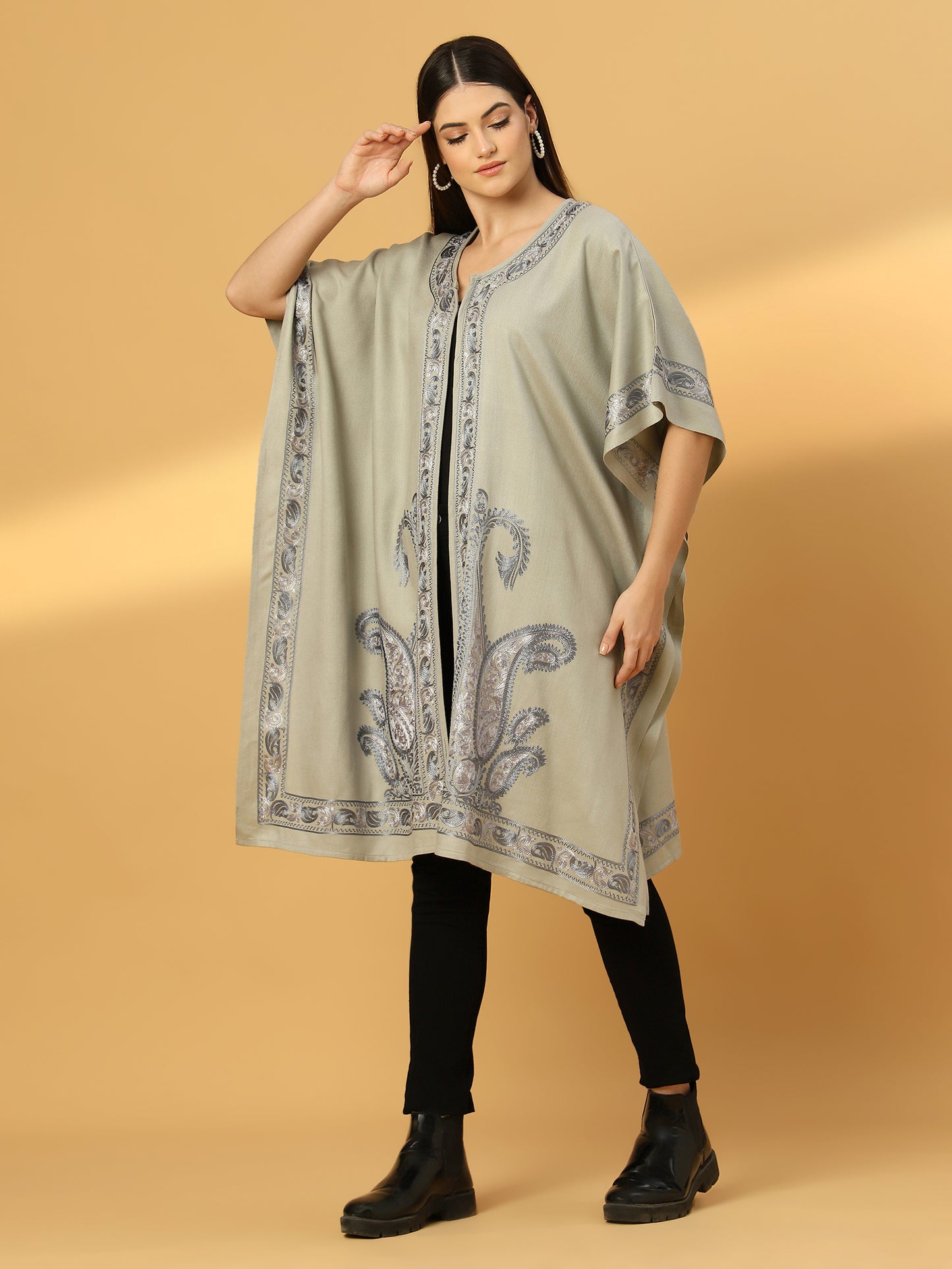 Kashmiri Embroidery Grey Pheran Shrug