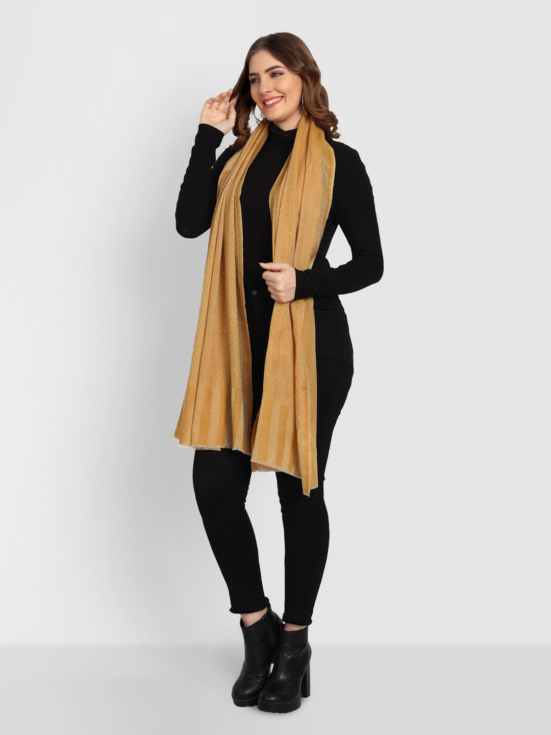 Pure Fine Wool Woolen Stole for Women in Striped Weaving | Mustard