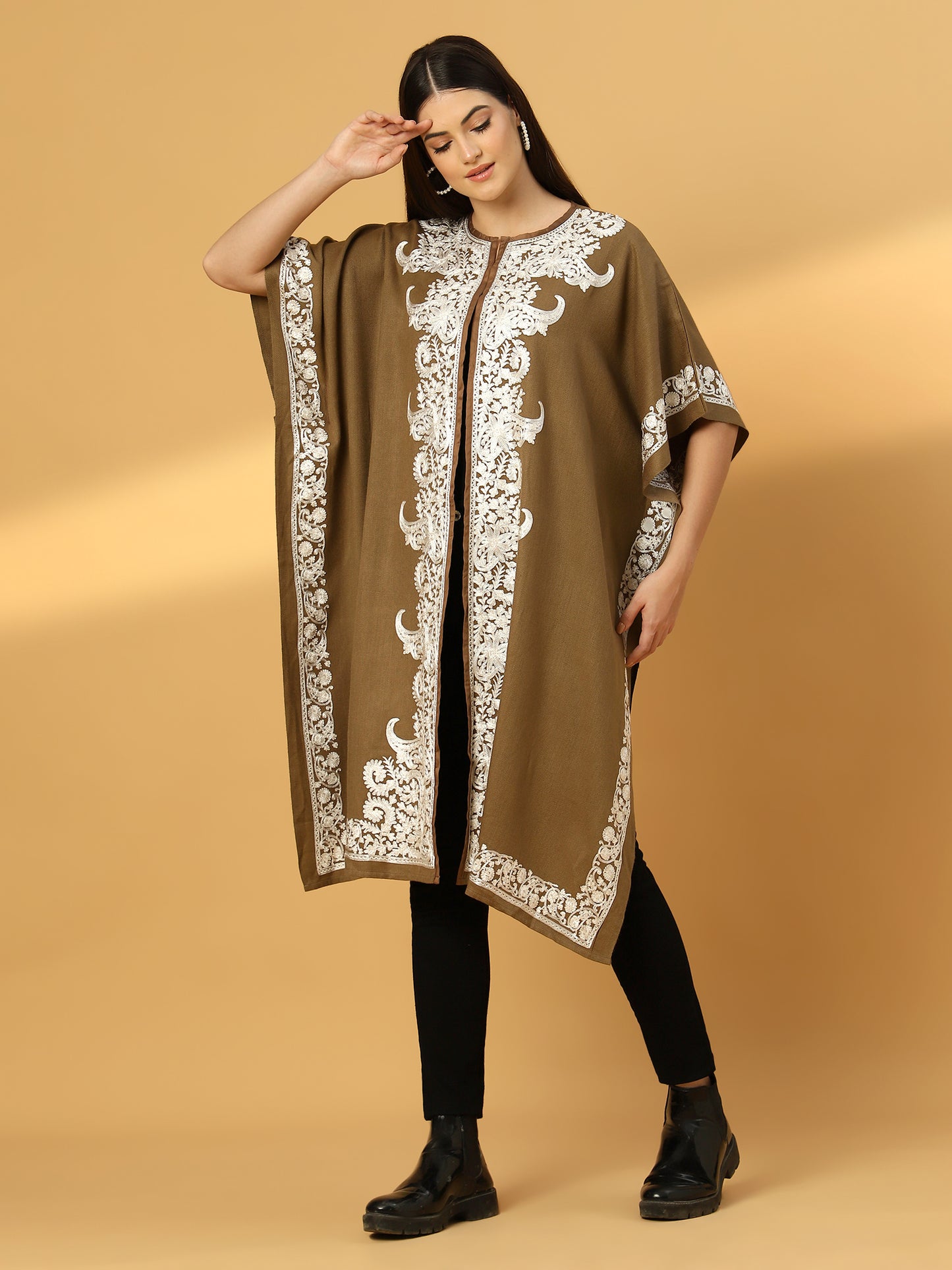 Floral Embroidery Brown Pheran Shrug