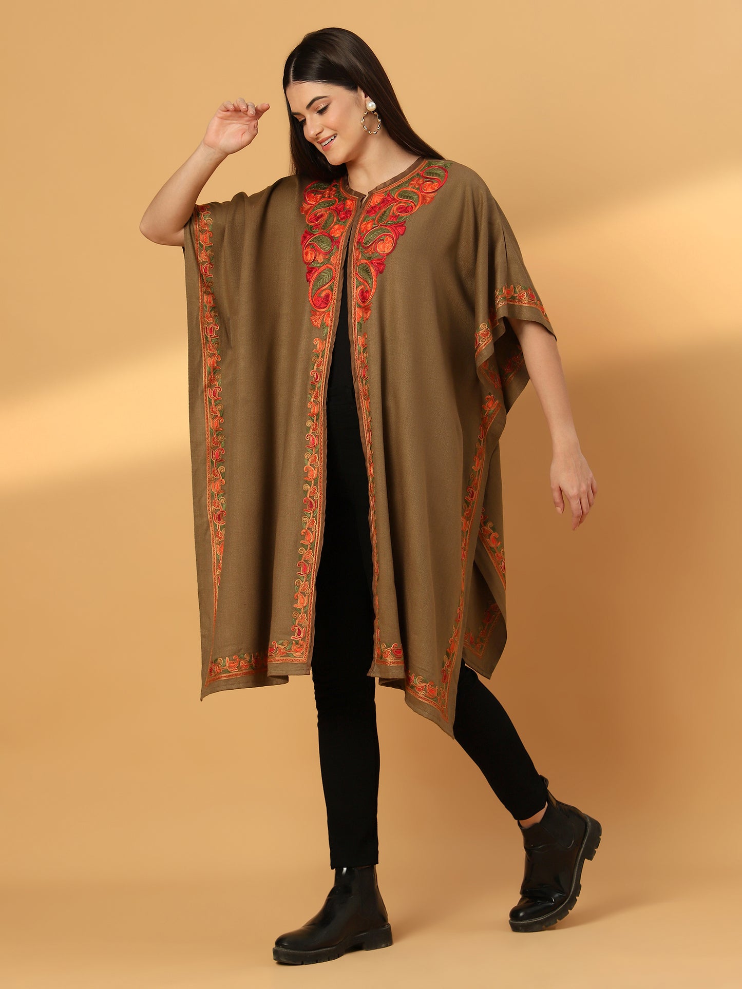 Kashmiri Embroidery Brown Pheran Shrug