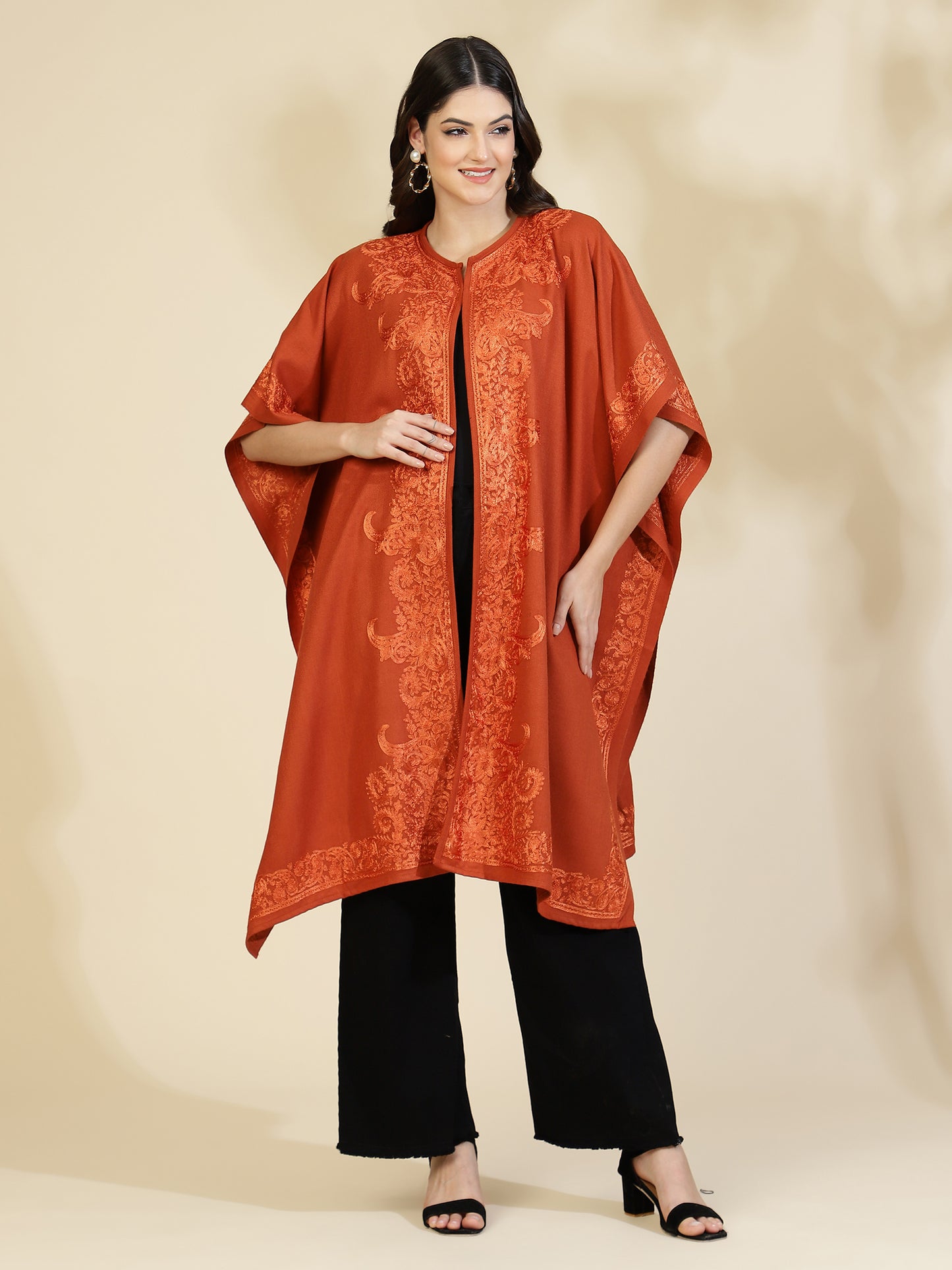 Floral Embroidery Rust Pheran Shrug