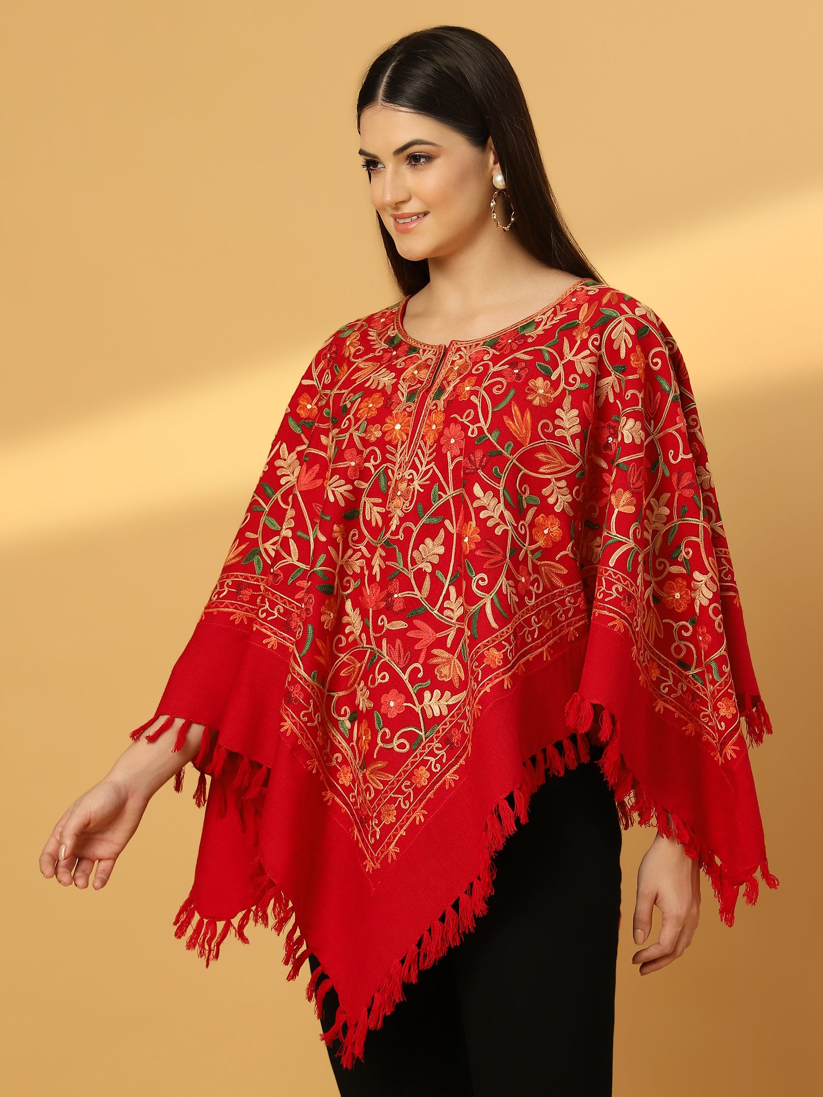 Woolen Kashmiri Poncho with Jaal Embroidery and Silk Lining | Red
