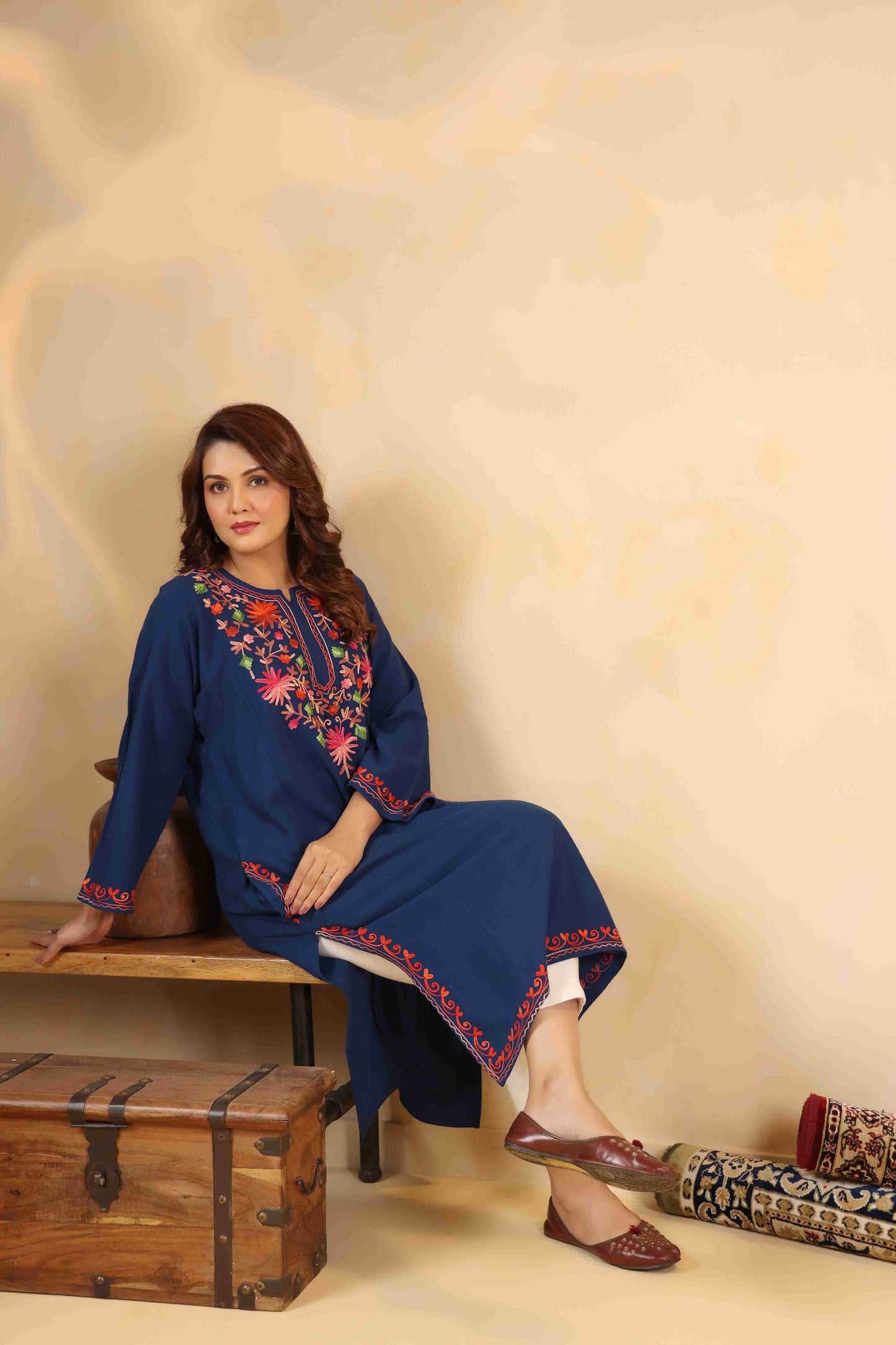 Multicolor Aari Embroidery Kashmiri Pheran | Blue
