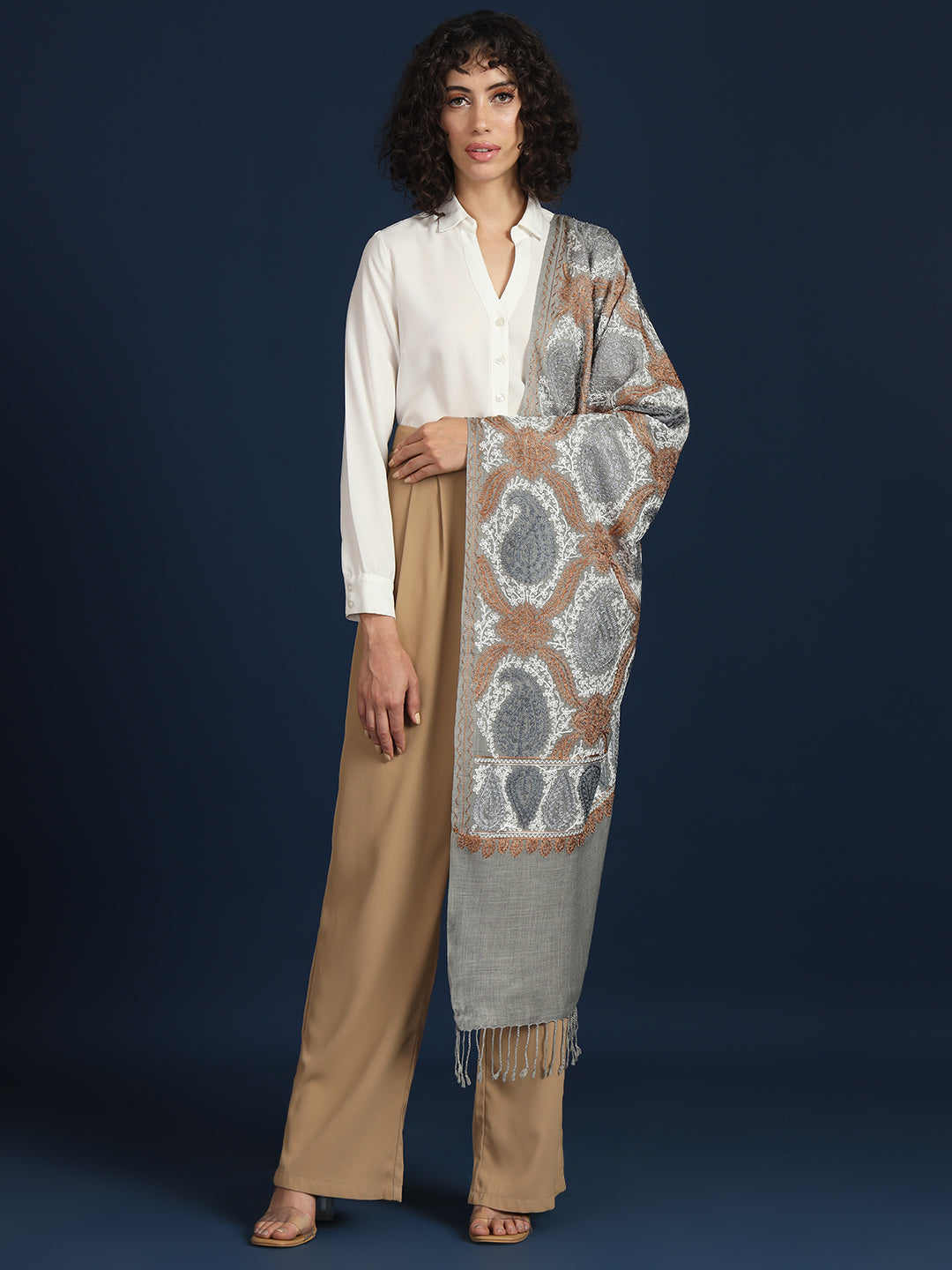 Woollen Pashmina Feel Royal Stole in Silk Embroidery Dense Jaal for Women | Brown