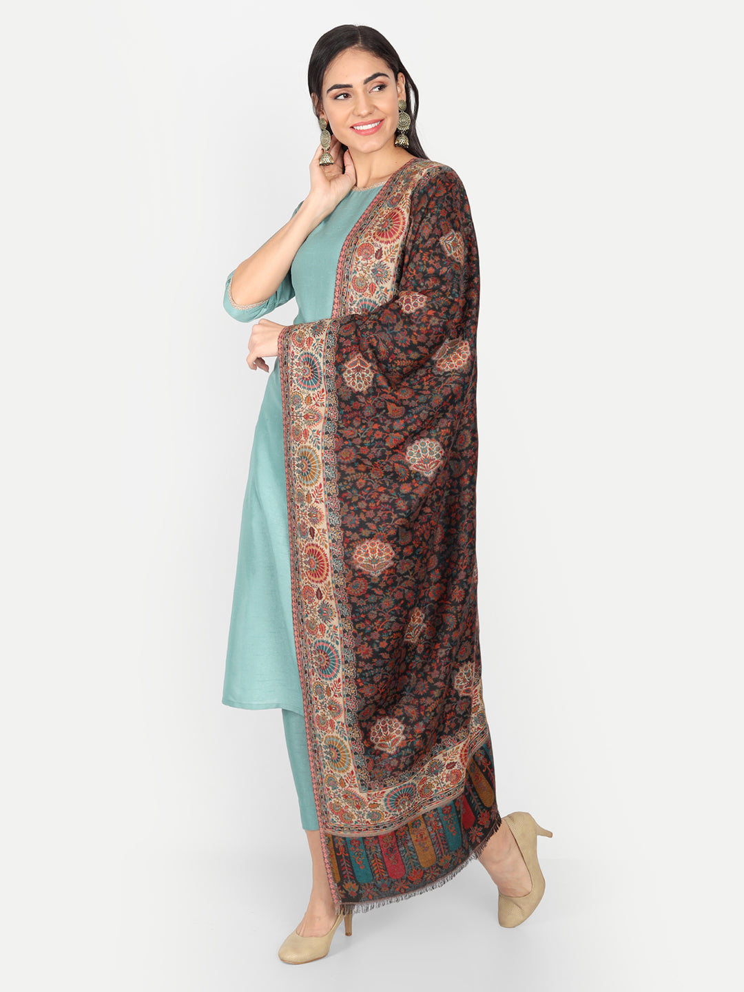 Kashmiri Kani Stole for Women in Paisley Jacquard Weaving | Black