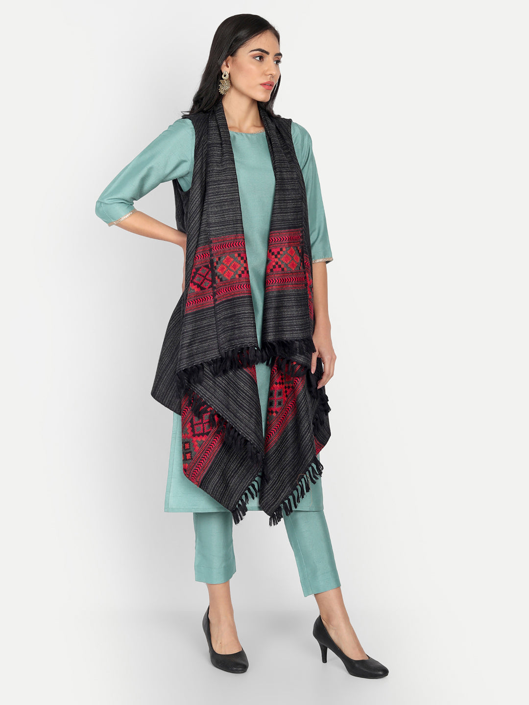 Women's Woven Cape Shrug in Himalayan Stripes | Black