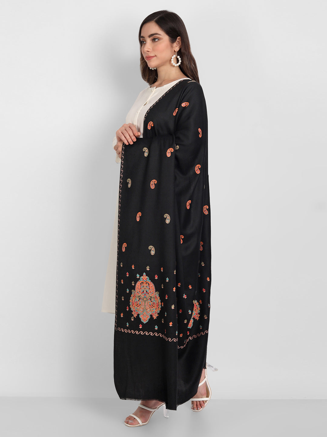 Fine Embroidery Paper Mache Kashmiri Wool Shawl | Black