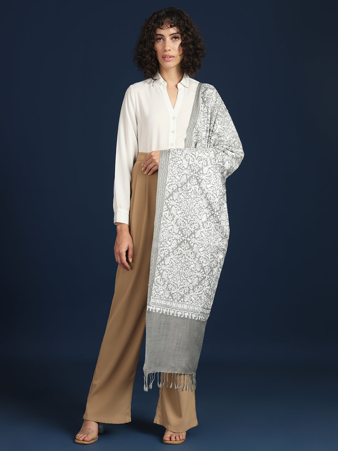 Woollen Pashmina Feel Stole in Silk Embroidery Dense Jaal for Women | Grey