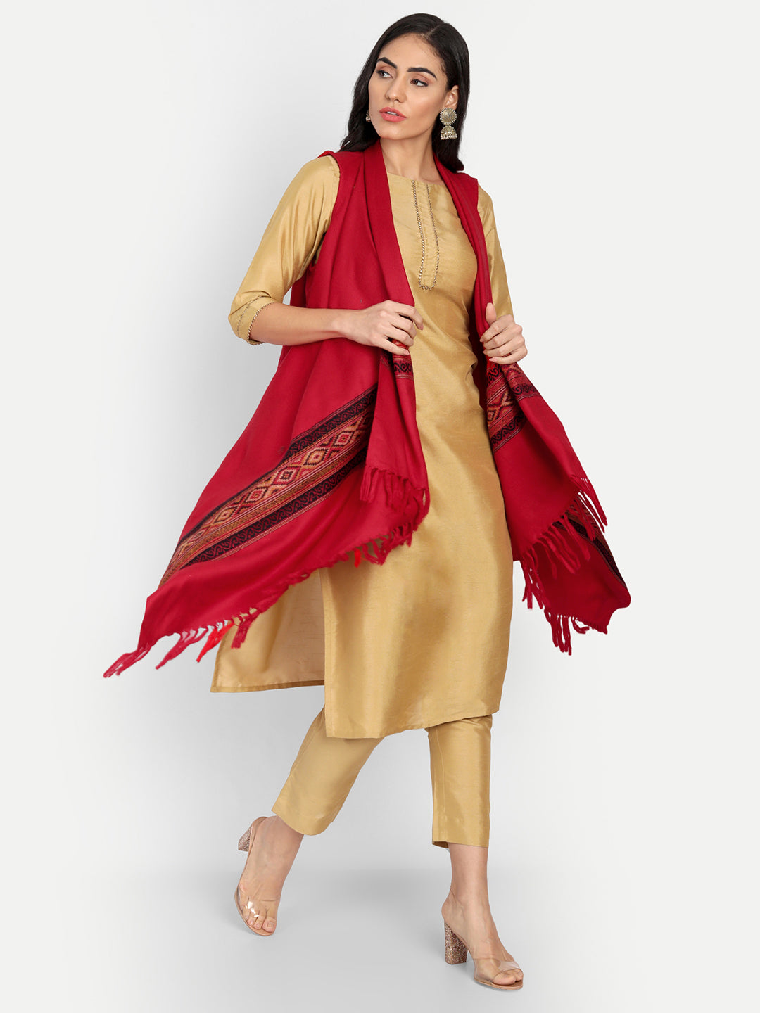 Women's Woven Cape Shrug in Himalayan Stripes | Red