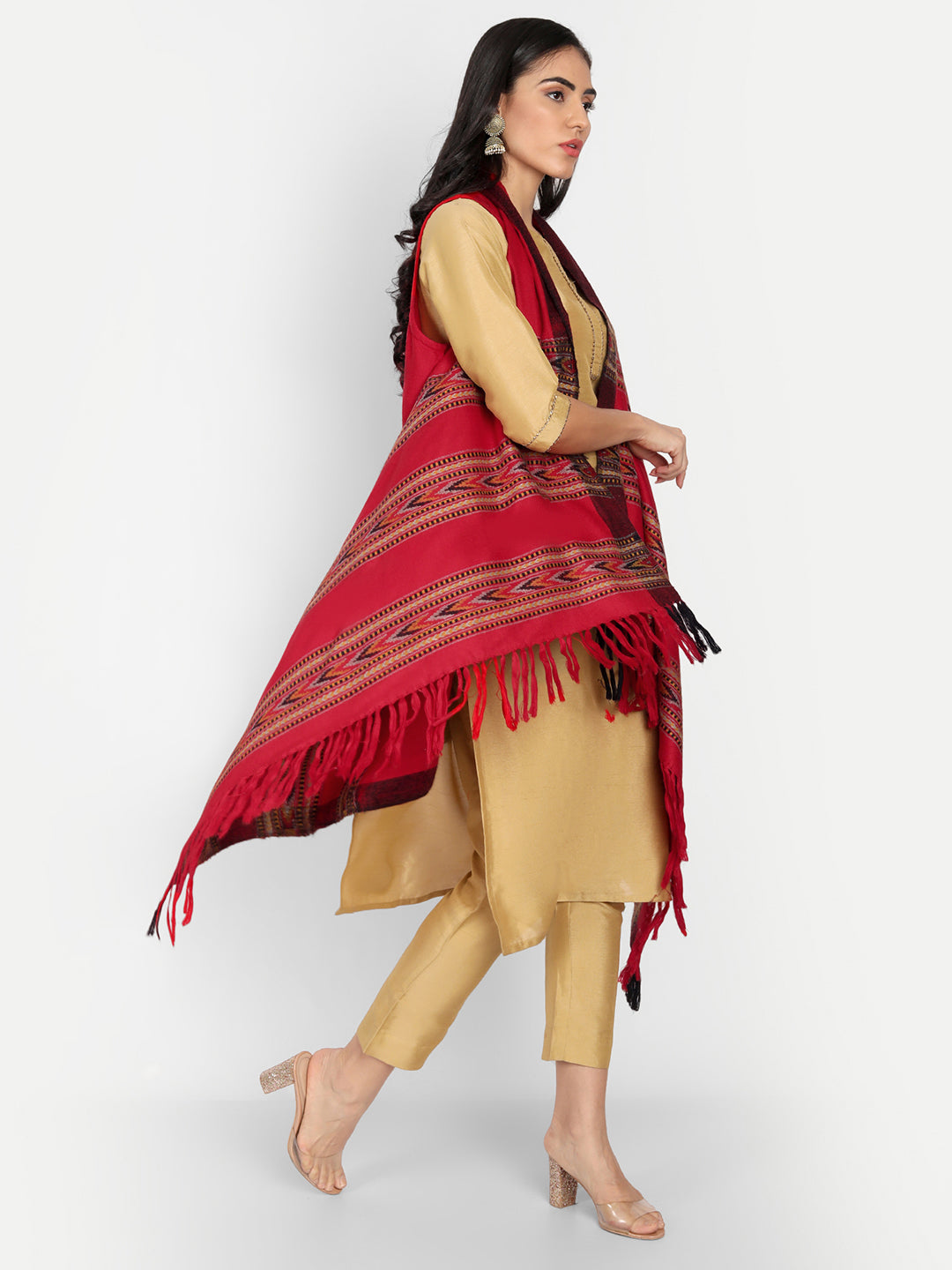Women's Woven Cape Shrug in Himalayan Stripes | Maroon