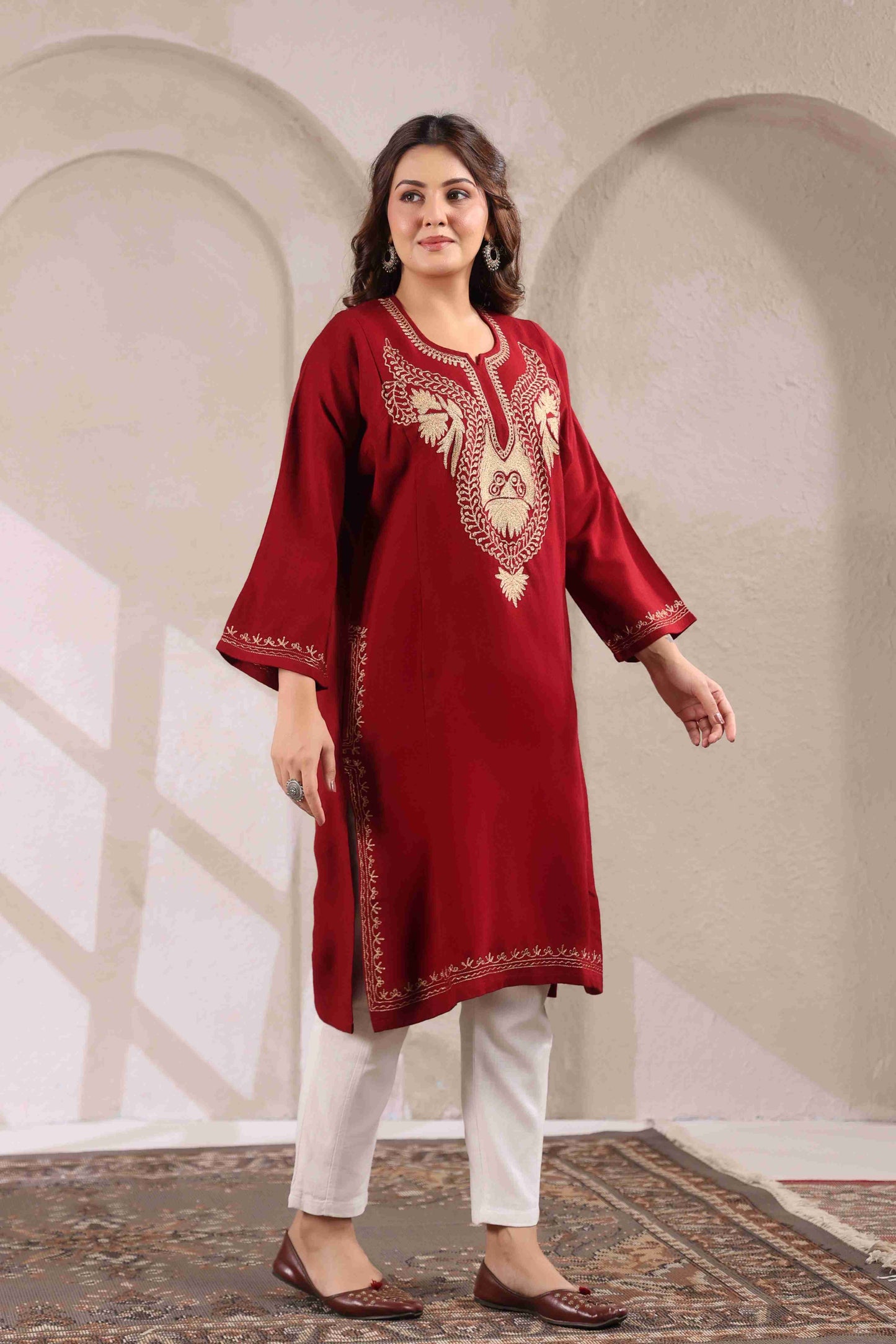 Kashmiri Pheran with Zari Embroidery | Maroon