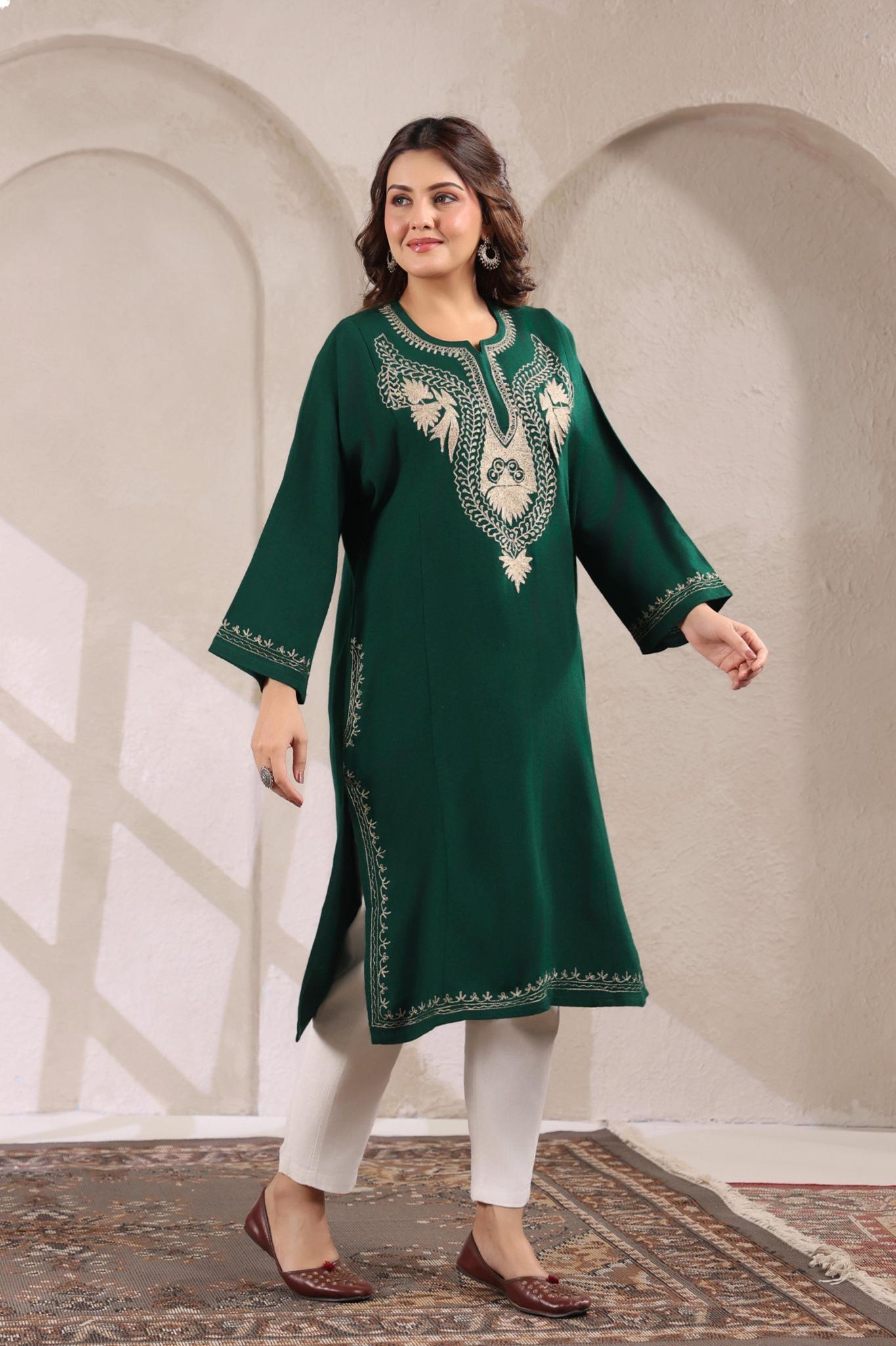 Kashmiri Pheran with Zari Embroidery | Green