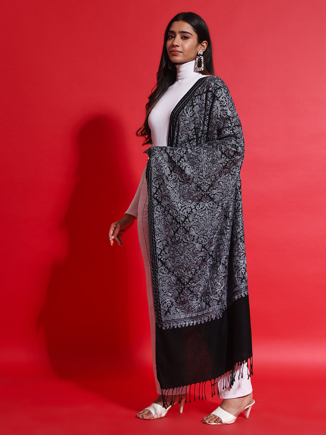 Woollen Pashmina Feel Stole in Silk Embroidery Dense Jaal for Women | Black