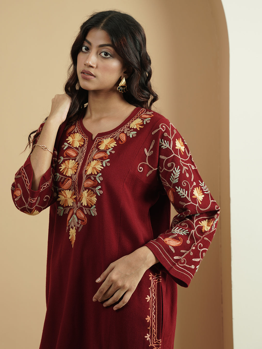 Multicolor Aari Embroidery Kashmiri Pheran | Maroon