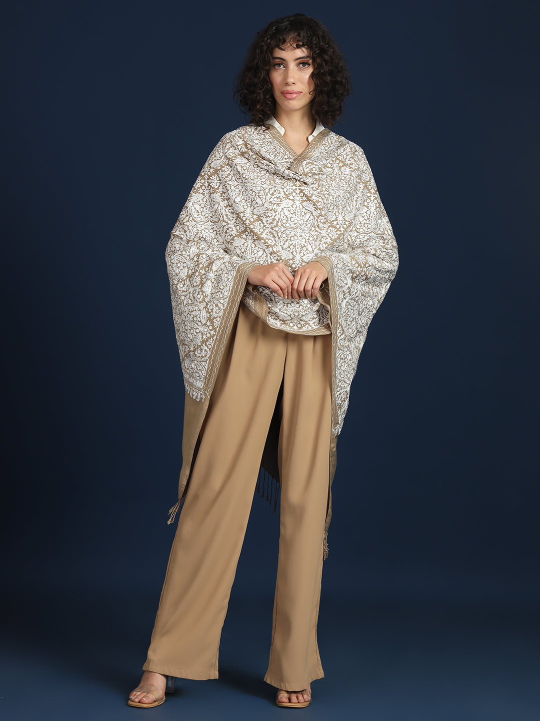 Woollen Pashmina Feel Stole in Silk Embroidery Dense Jaal for Women | Brown 2