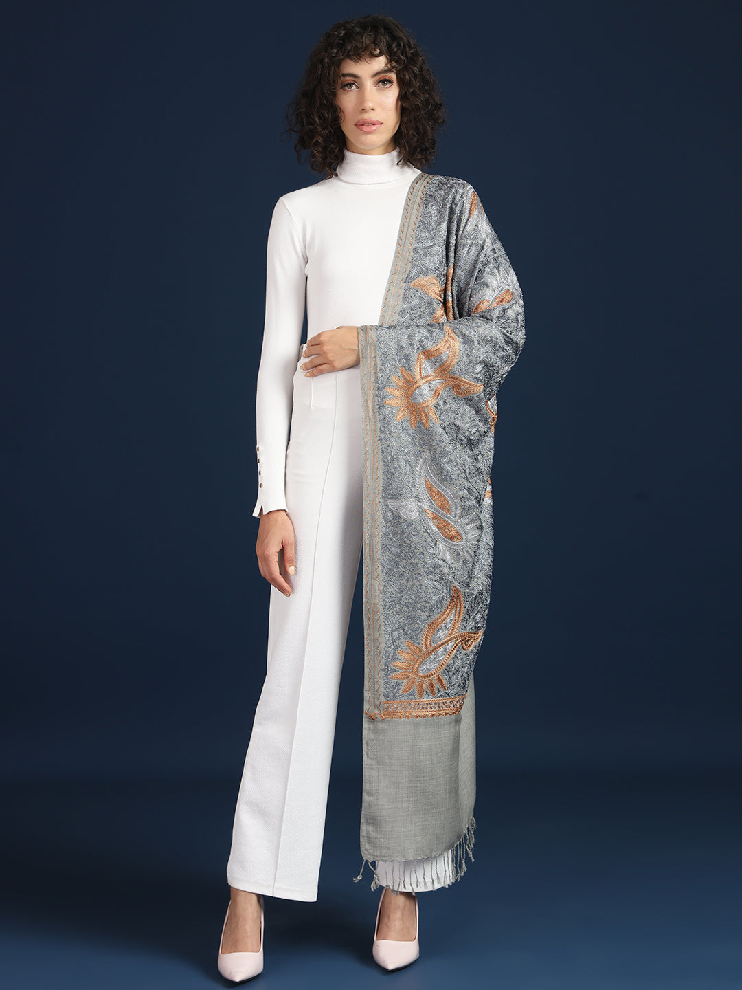 Woollen Pashmina Feel Stole in Silk Embroidery for Women | Grey