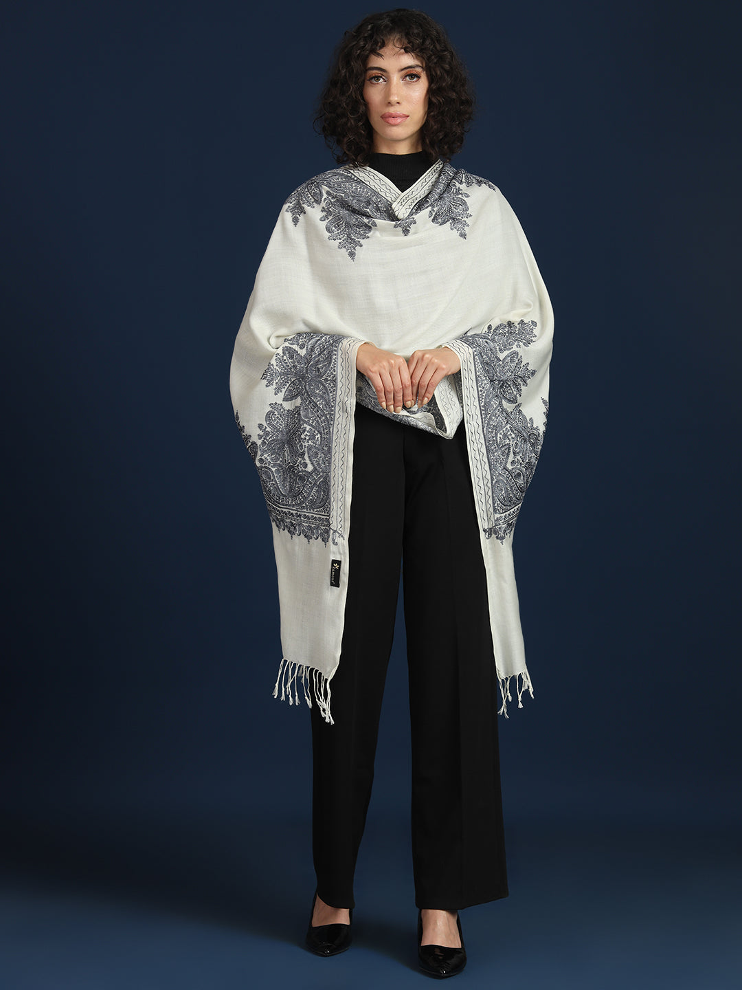 Woollen Pashmina Feel Stole in Silk Embroidery for Women | White
