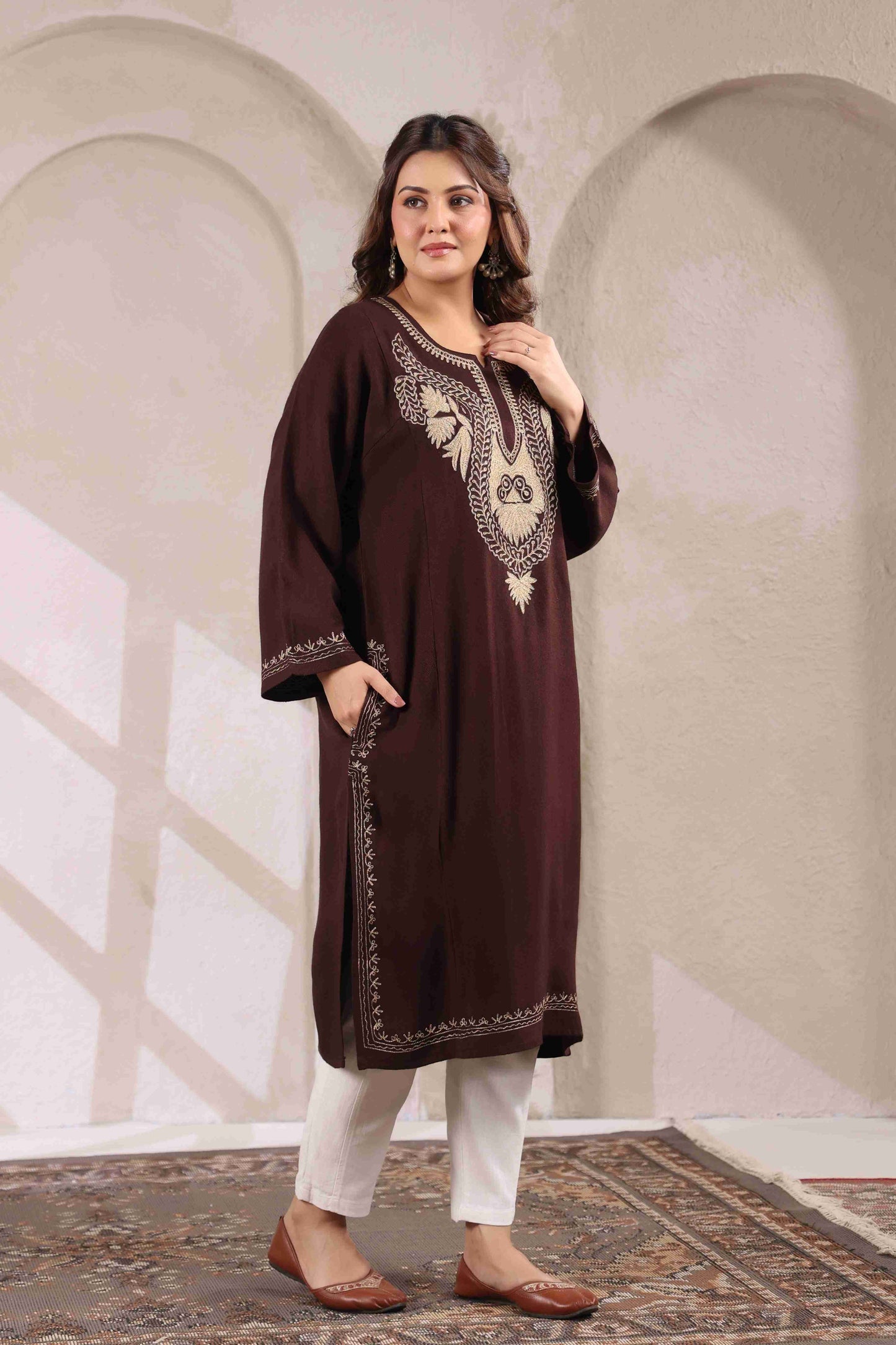 Kashmiri Pheran with Zari Embroidery | Brown