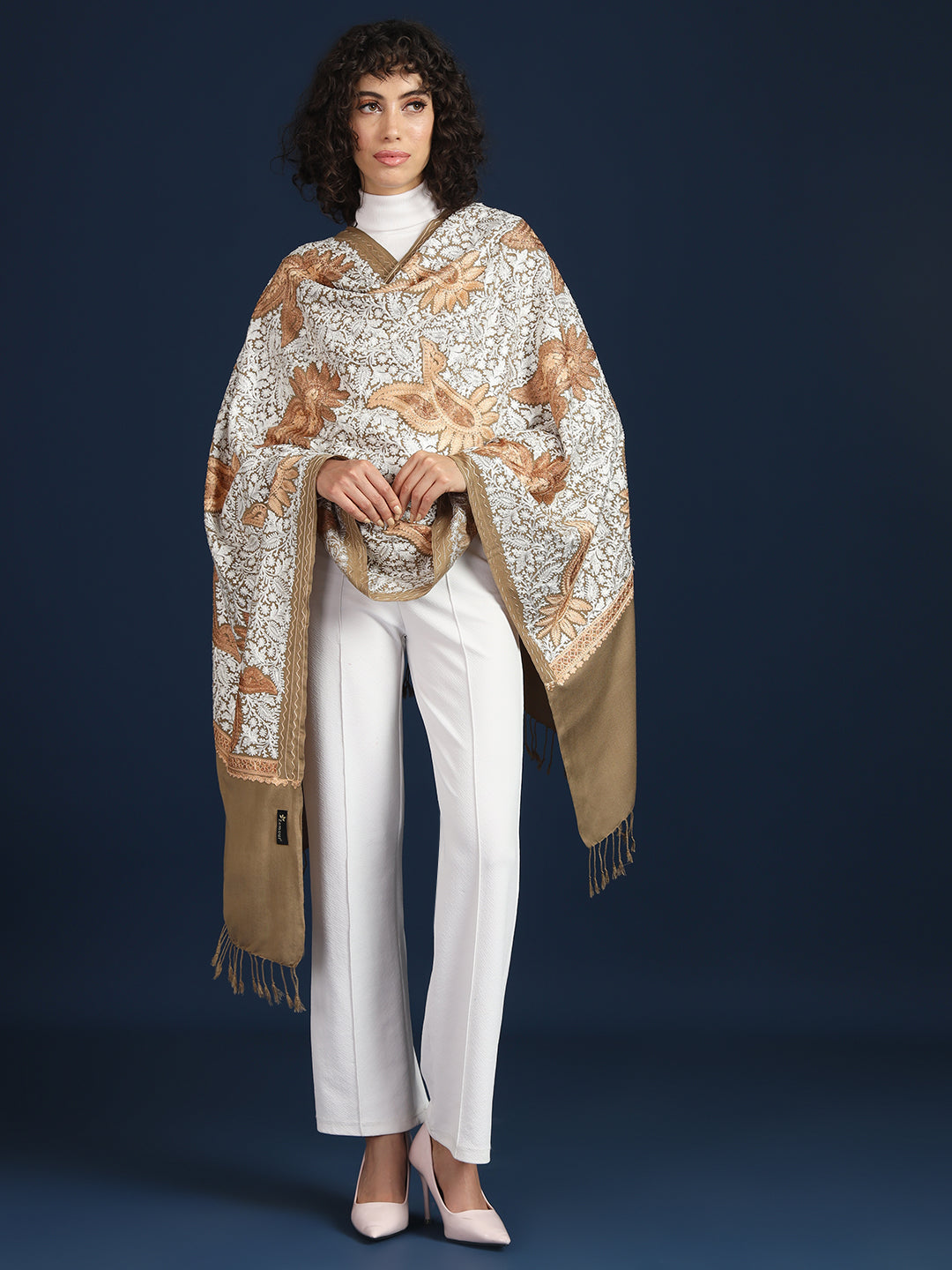 Woollen Pashmina Feel Stole in Silk Embroidery for Women | Brown