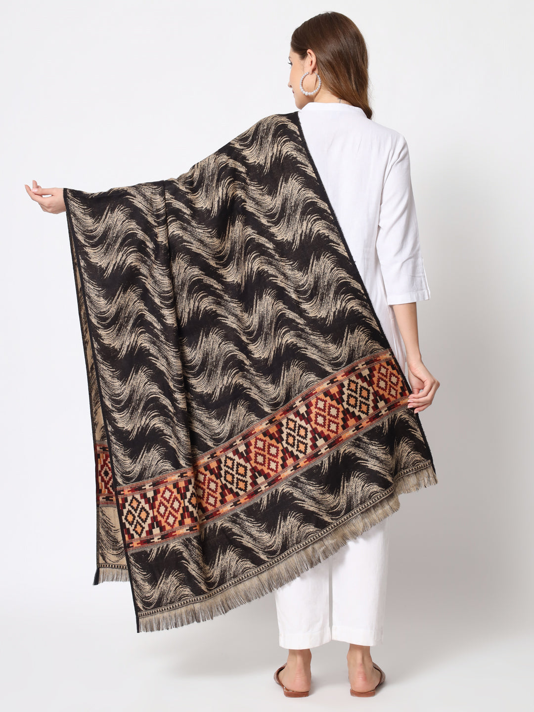 Kullu Himalayan Striped Bordered Reversible Shawl for Women | Black