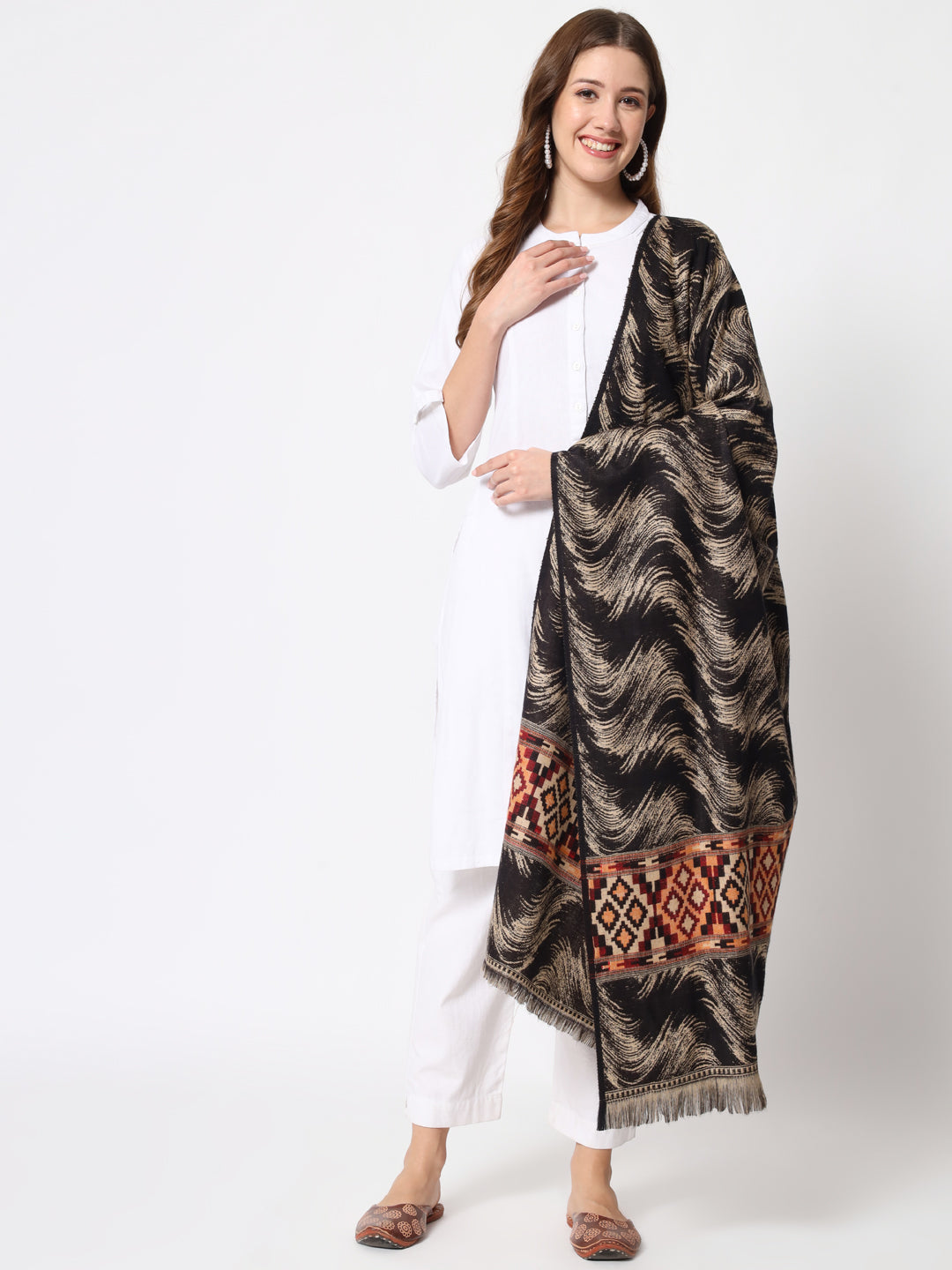 Kullu Himalayan Striped Bordered Reversible Shawl for Women | Black