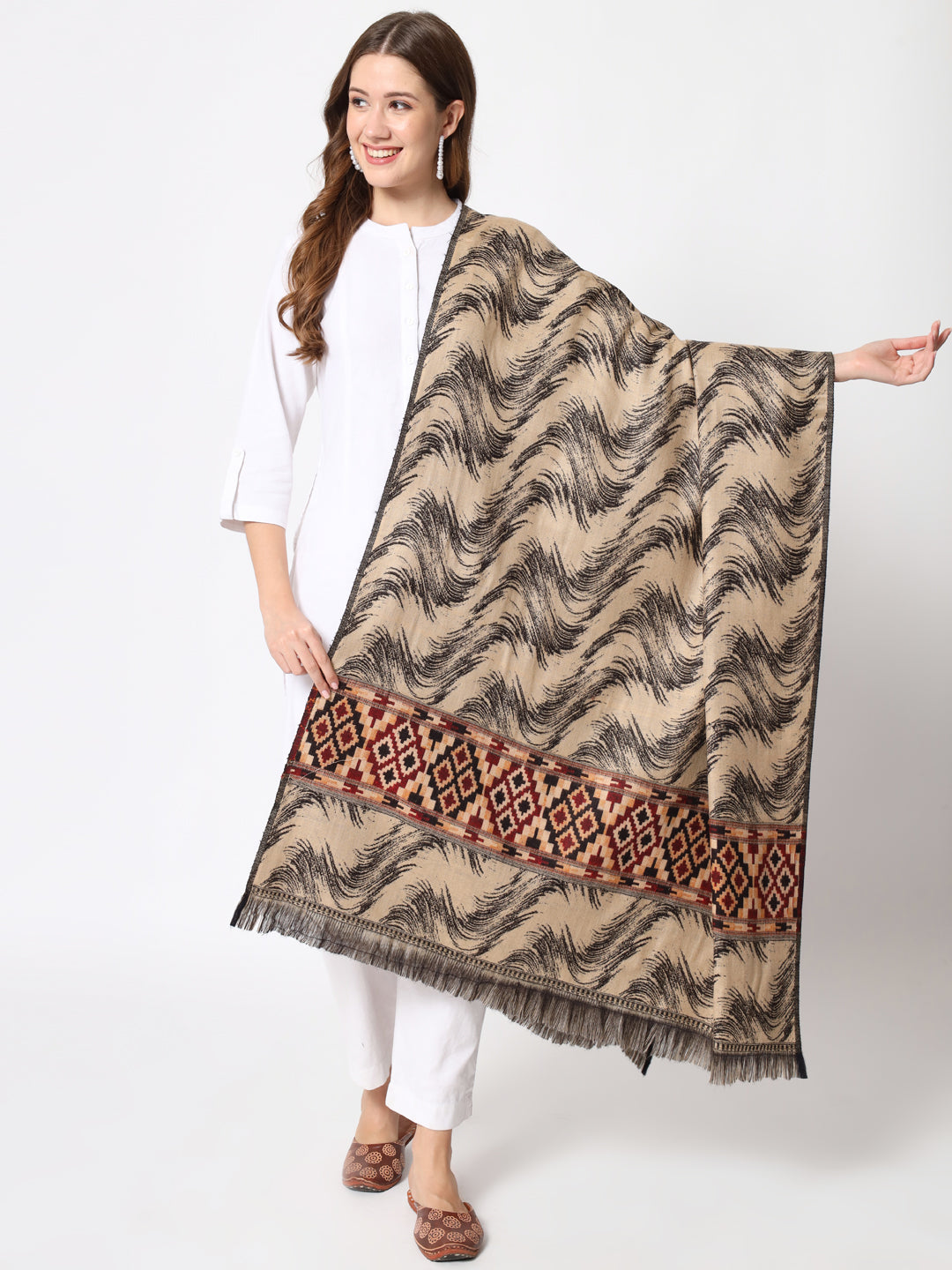 Kullu Himalayan Striped Bordered Reversible Shawl for Women | Black