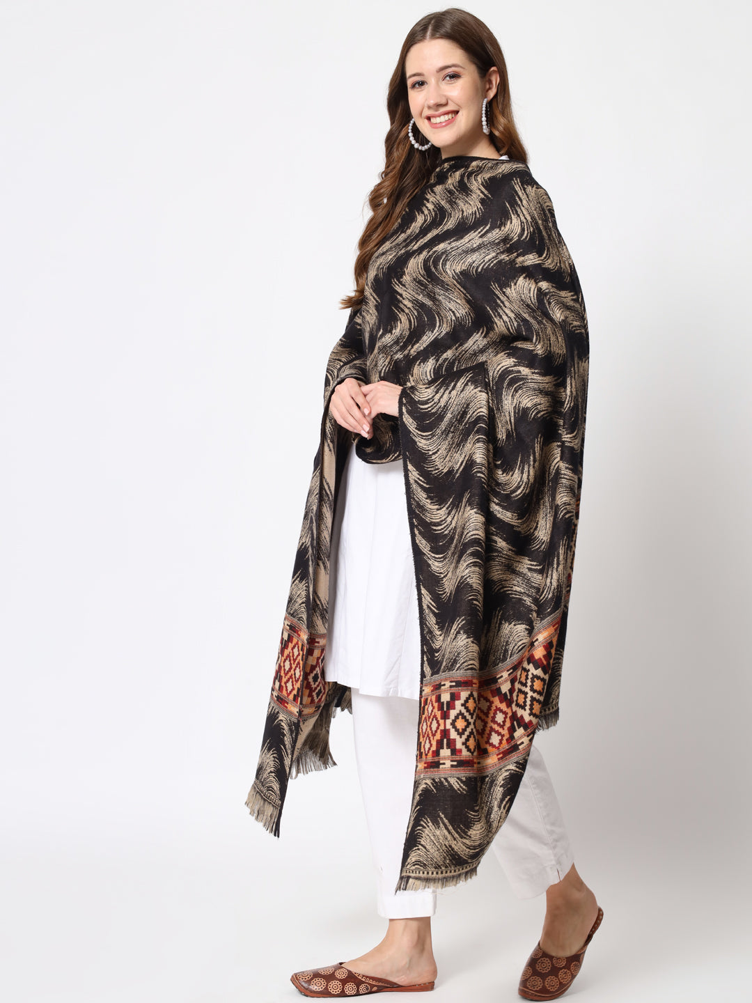 Kullu Himalayan Striped Bordered Reversible Shawl for Women | Black