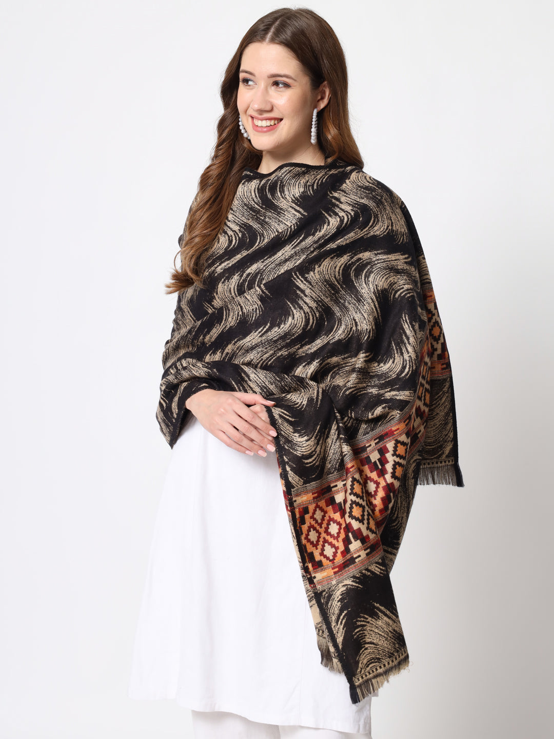 Kullu Himalayan Striped Bordered Reversible Shawl for Women | Black