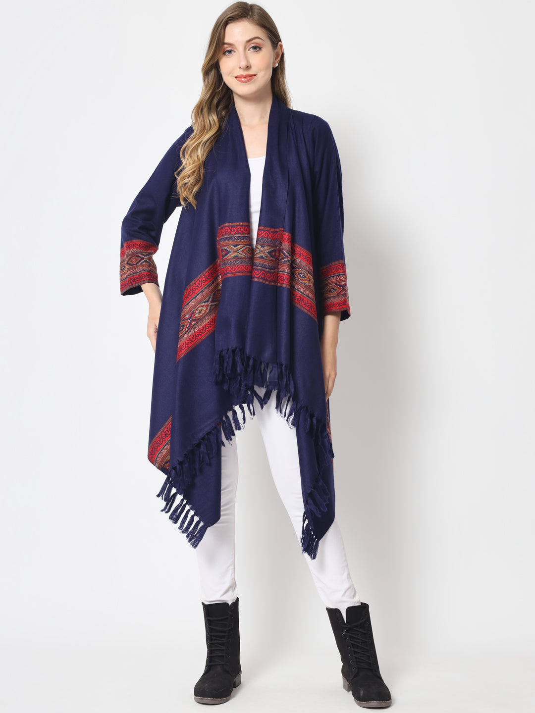 Women's Woven Cape Shrug in Himalayan Stripes | Blue
