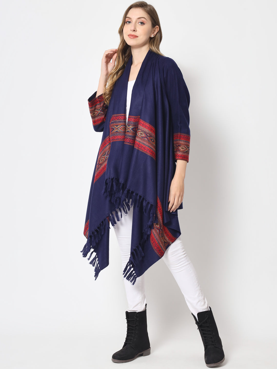 Women's Woven Cape Shrug in Himalayan Stripes | Blue