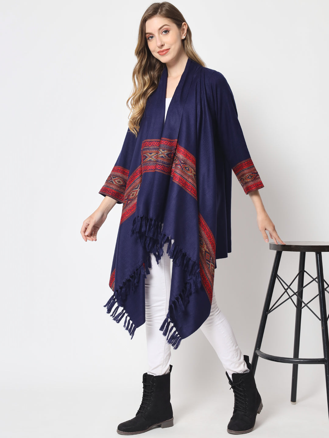 Women's Woven Cape Shrug in Himalayan Stripes | Blue