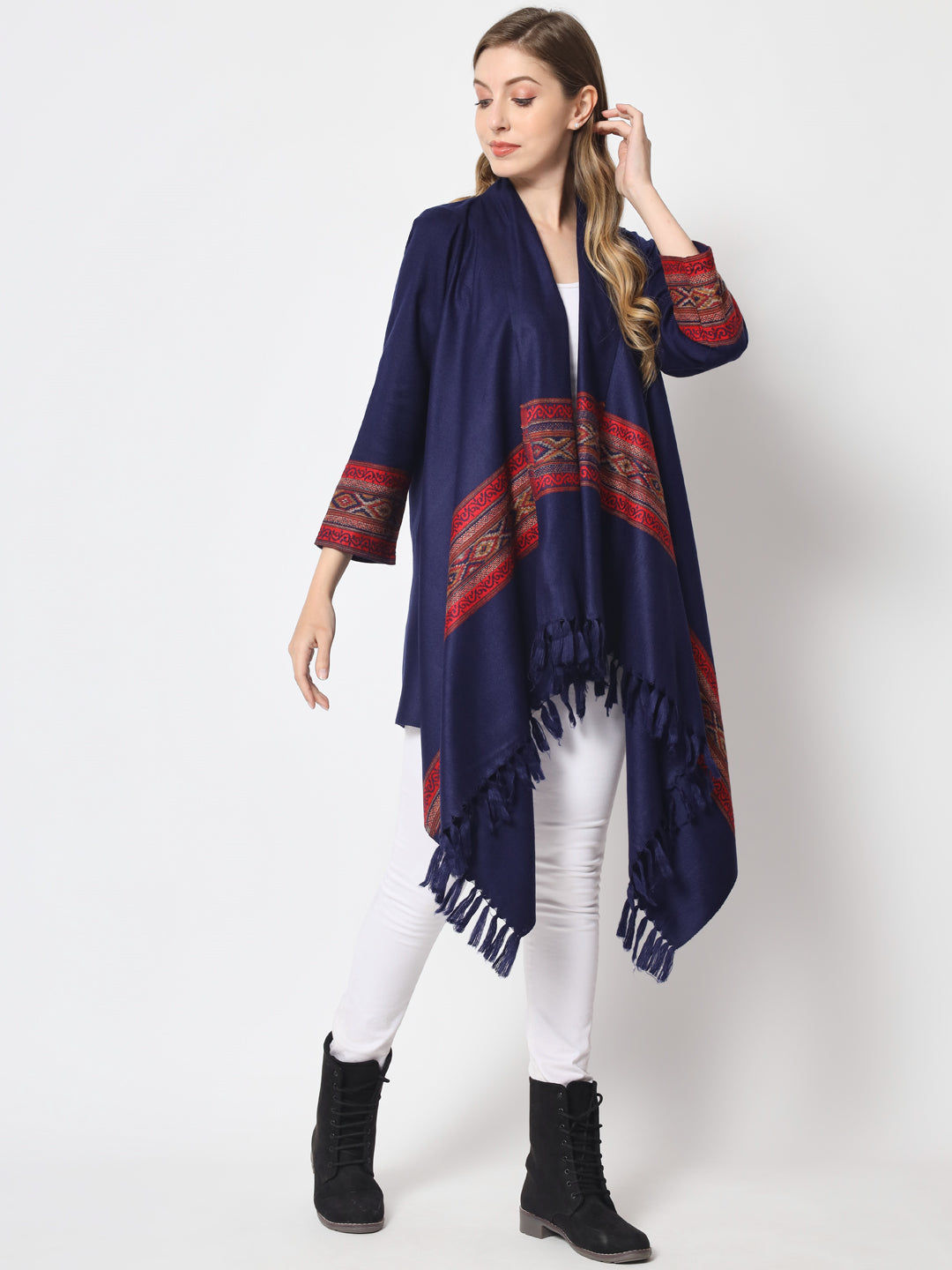 Women's Woven Cape Shrug in Himalayan Stripes | Blue