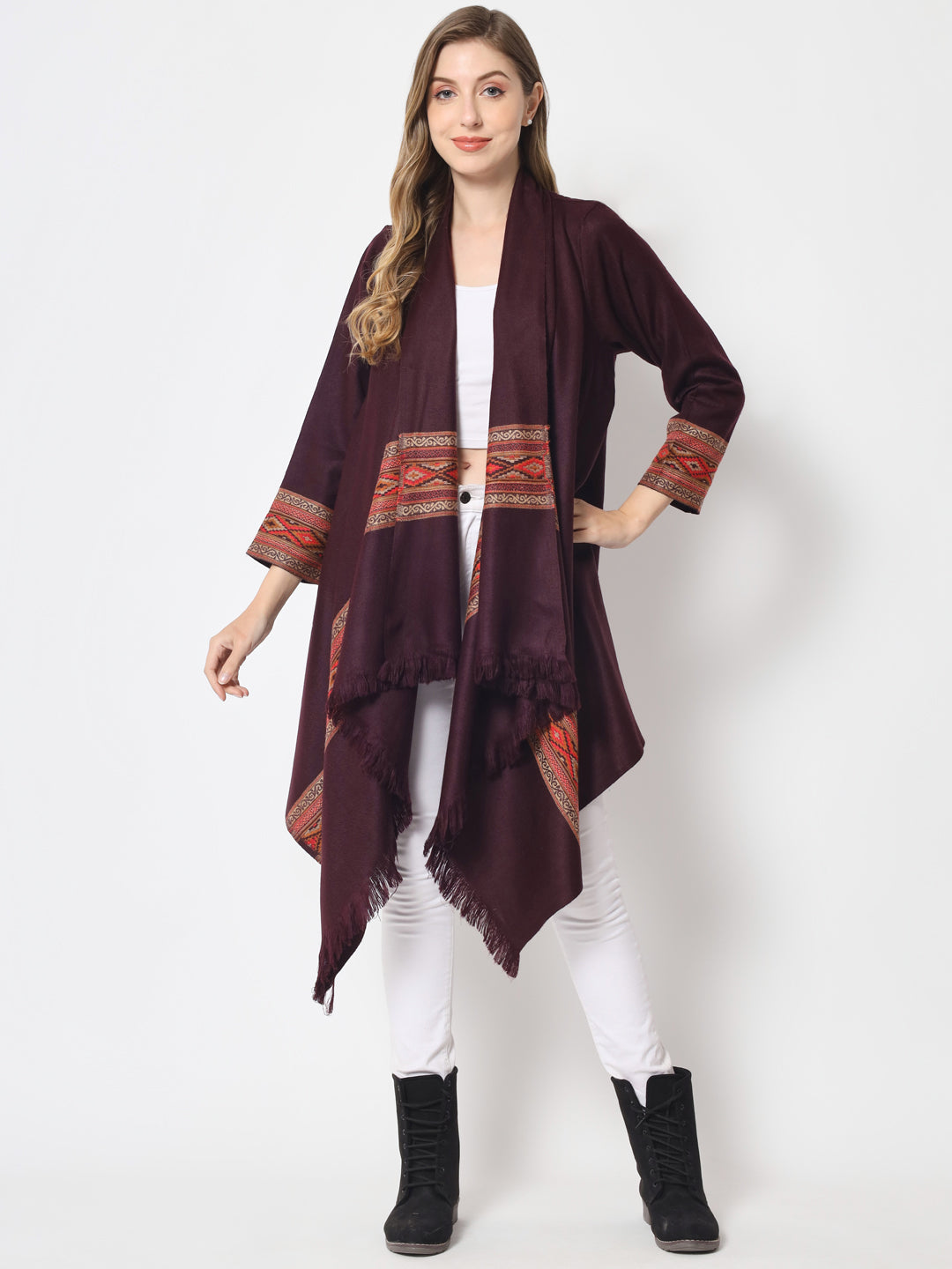Women's Woven Cape Shrug in Himalayan Stripes | Wine