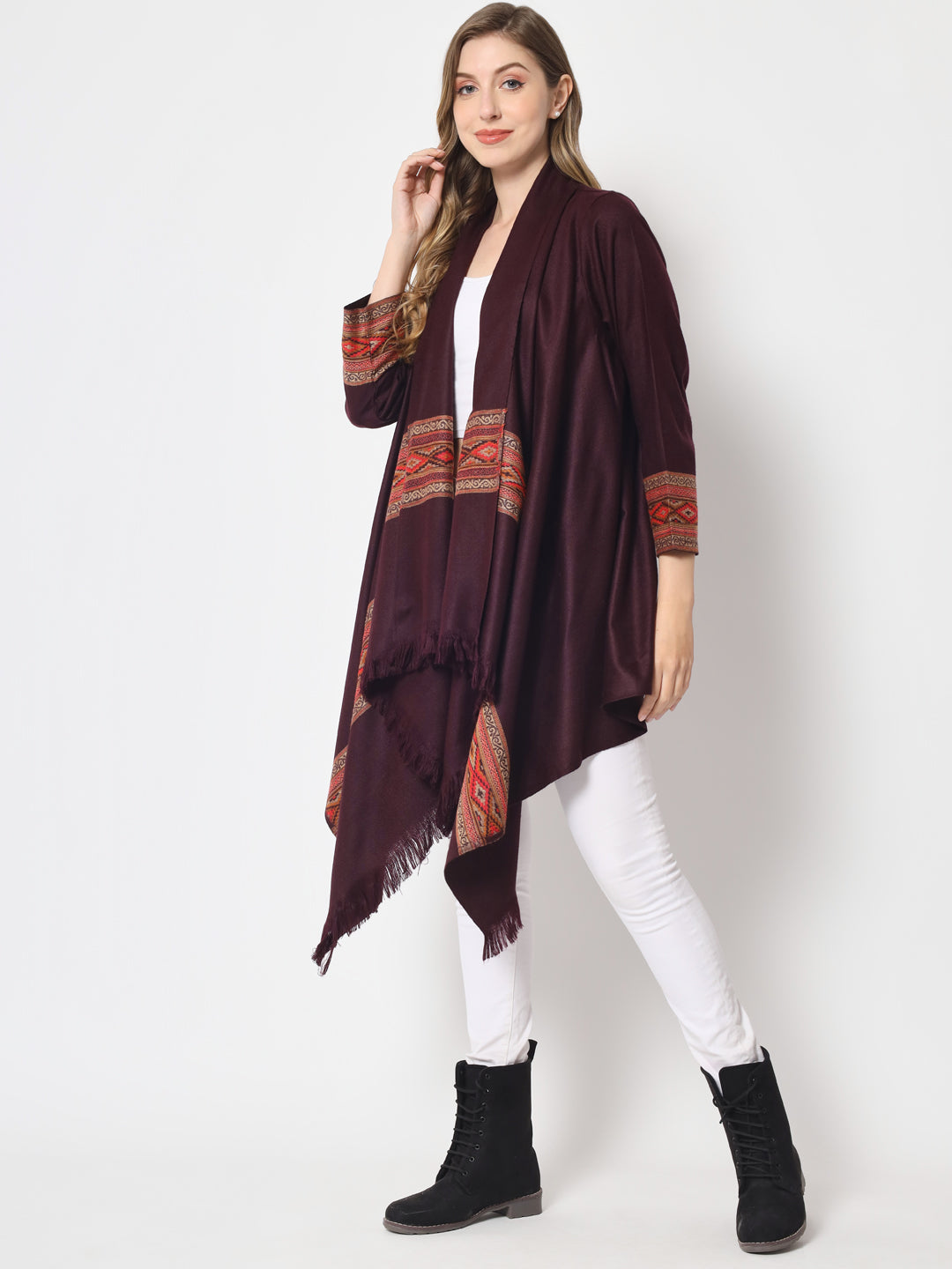 Women's Woven Cape Shrug in Himalayan Stripes | Wine