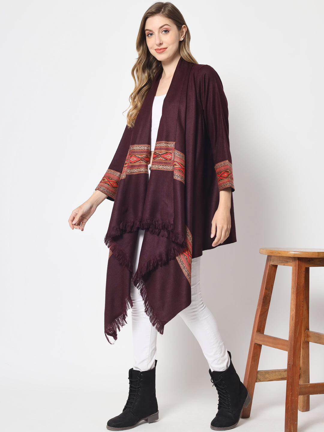 Women's Woven Cape Shrug in Himalayan Stripes | Wine