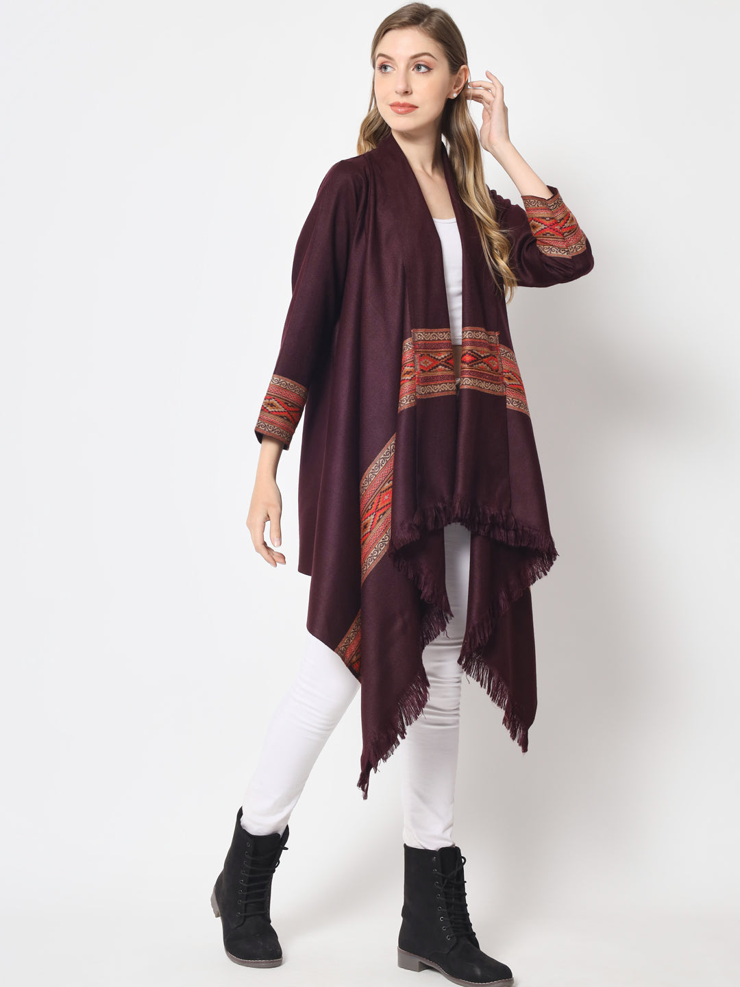 Women's Woven Cape Shrug in Himalayan Stripes | Wine