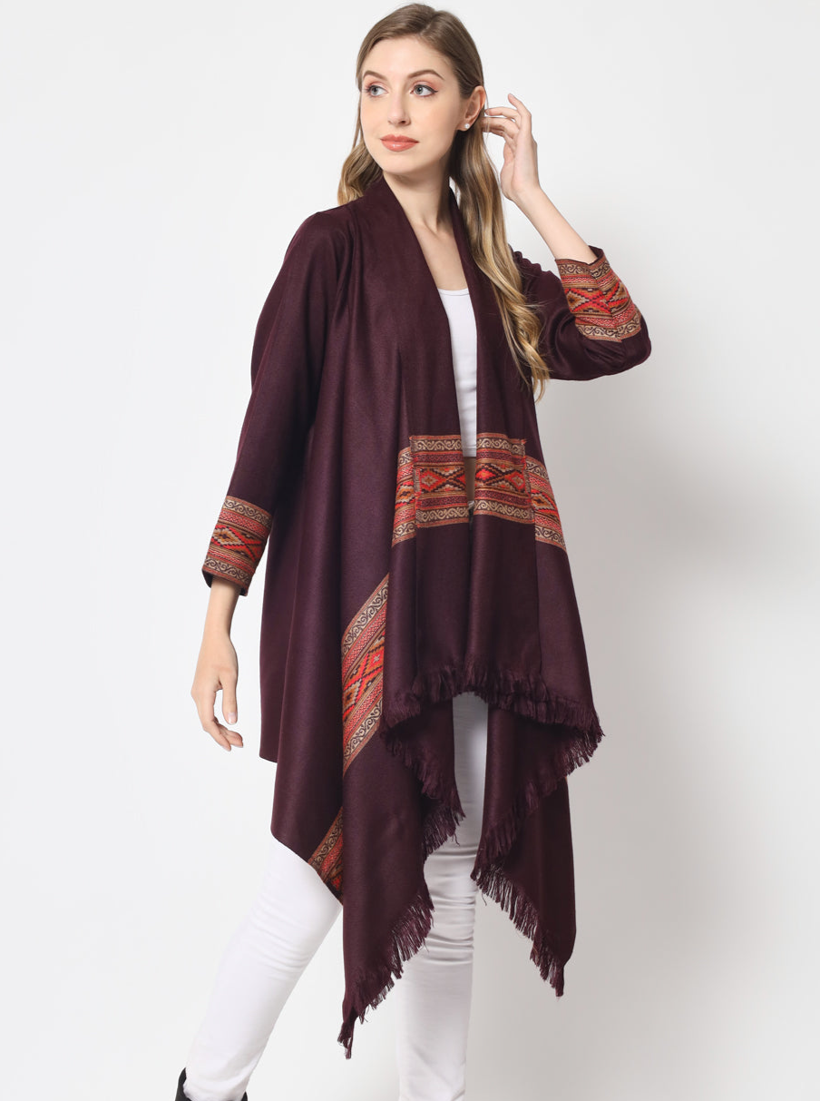 Women's Woven Cape Shrug in Himalayan Stripes | Wine