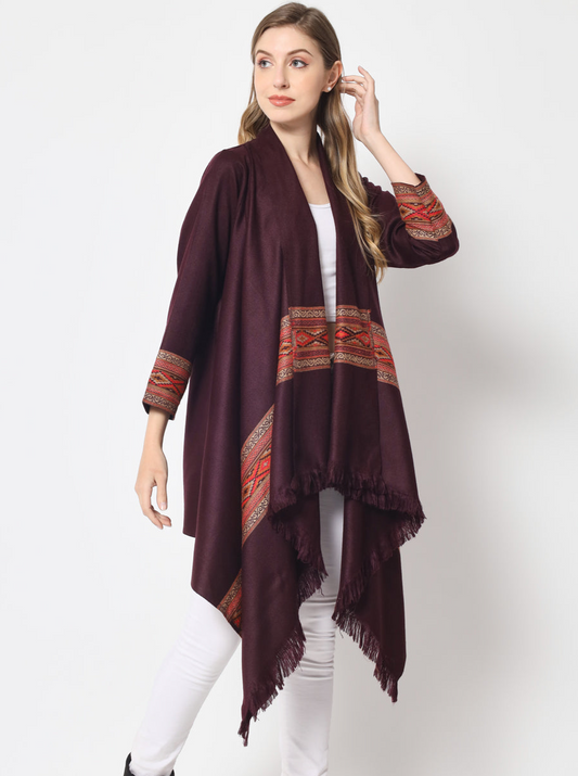 Women's Woven Cape Shrug in Himalayan Stripes | Wine