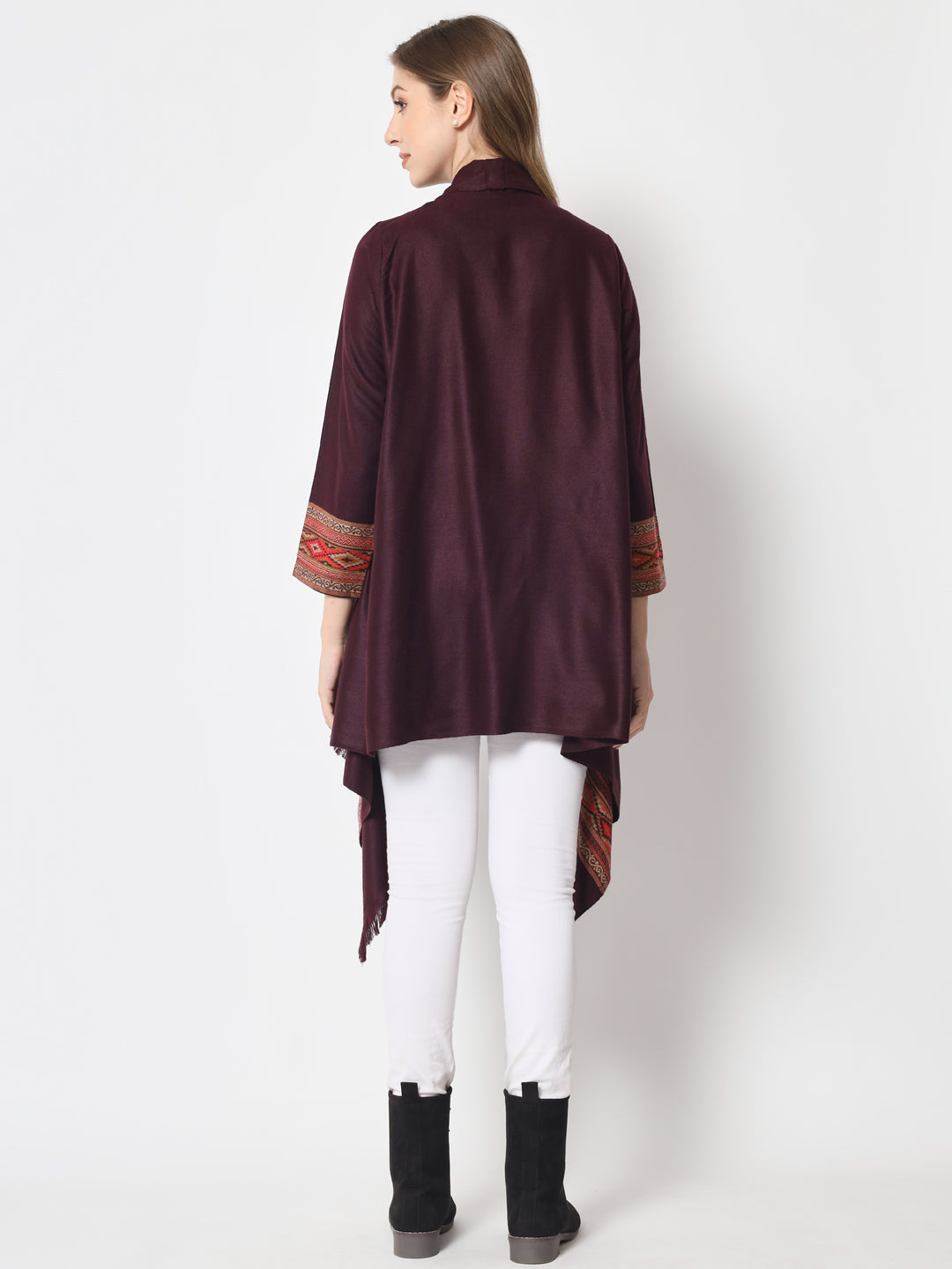 Women's Woven Cape Shrug in Himalayan Stripes | Wine