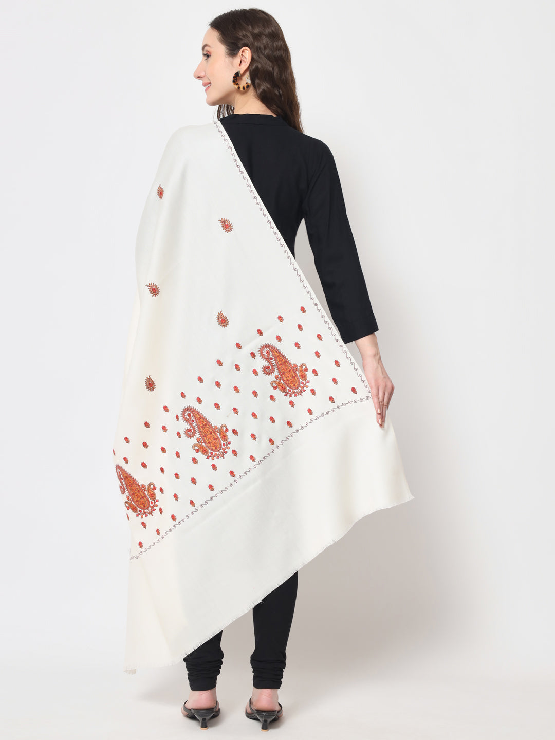Fine Embroidery Paper Mache Kashmiri Wool Shawl | White