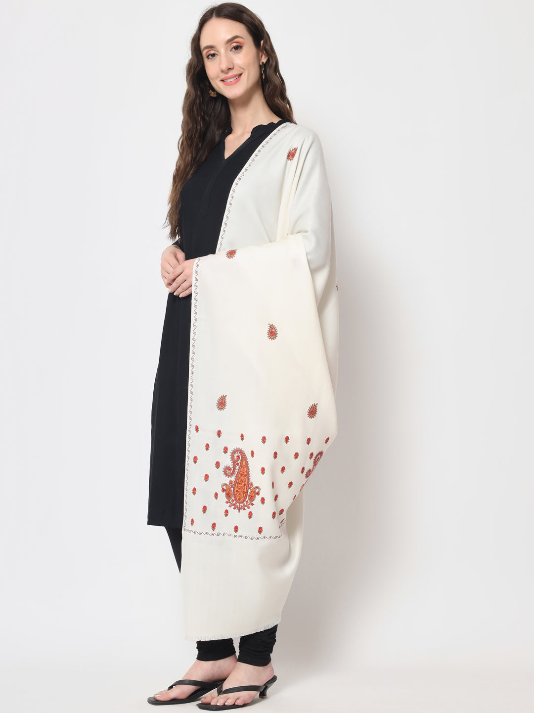 Fine Embroidery Paper Mache Kashmiri Wool Shawl | White