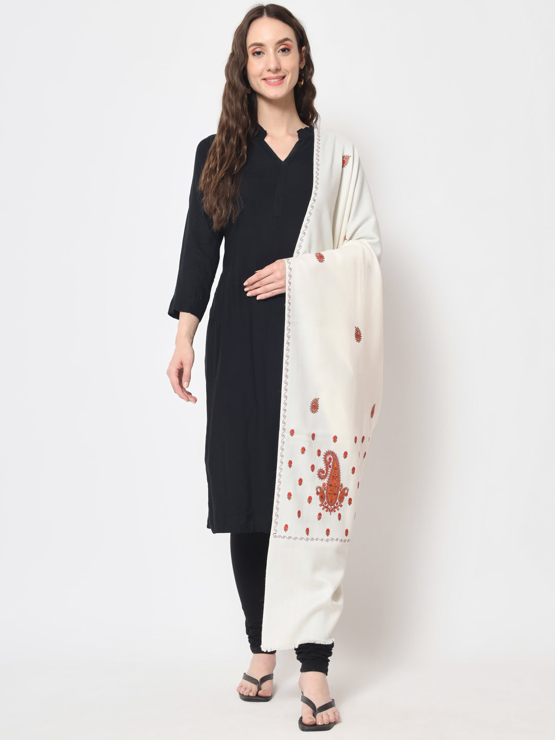 Fine Embroidery Paper Mache Kashmiri Wool Shawl | White