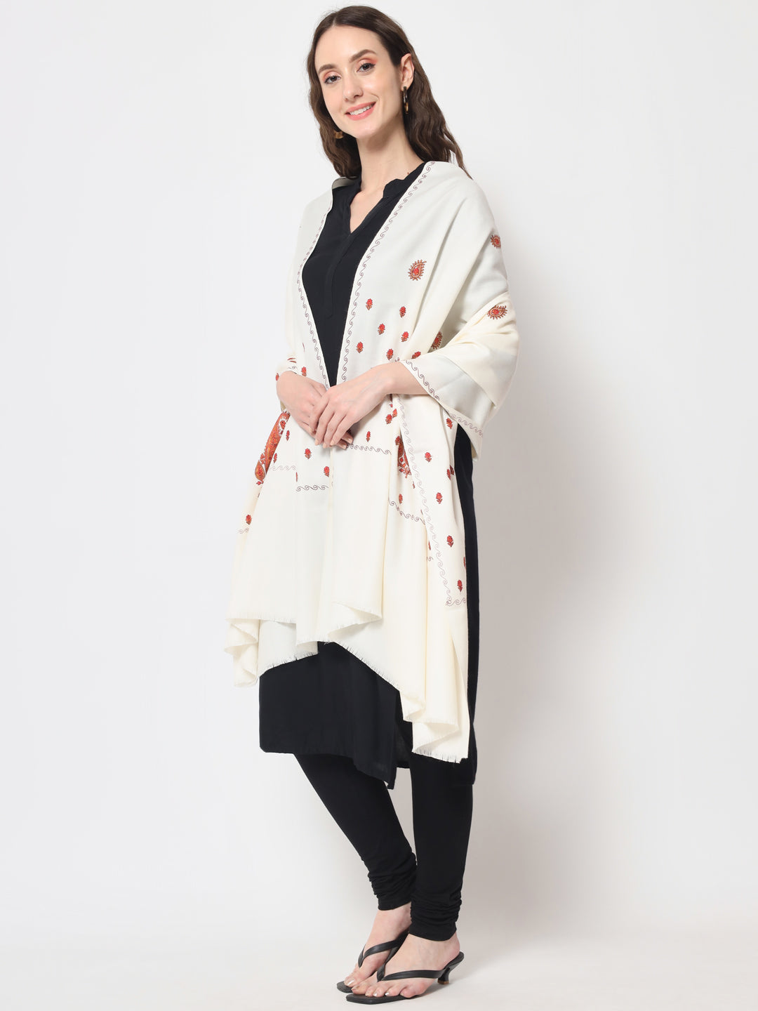 Fine Embroidery Paper Mache Kashmiri Wool Shawl | White