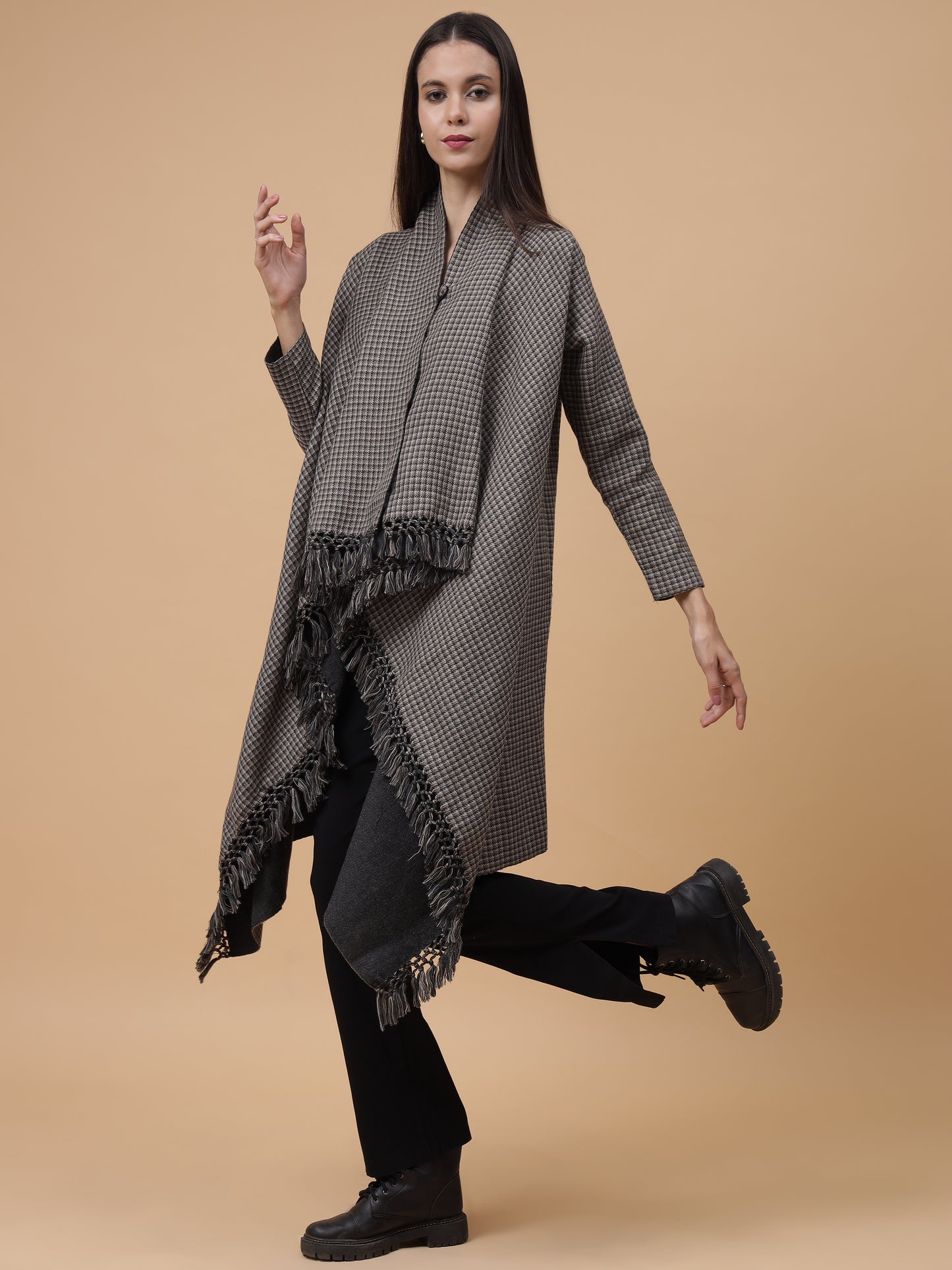 Women's Woven Full Sleeves Cape Shrug in Checked Pattern | Grey